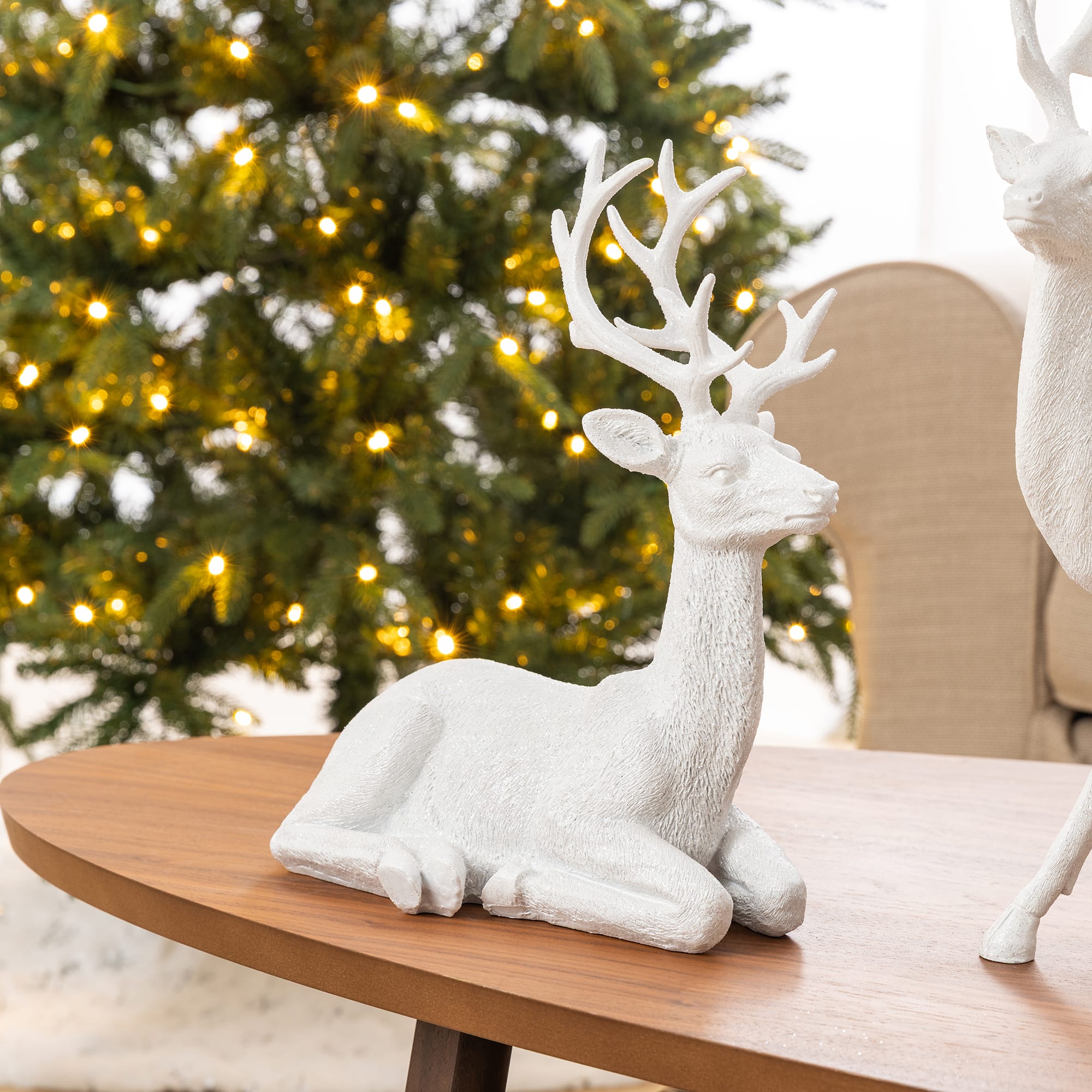 Glitzhome® White Reindeer with Tree Christmas  Table Décor Set