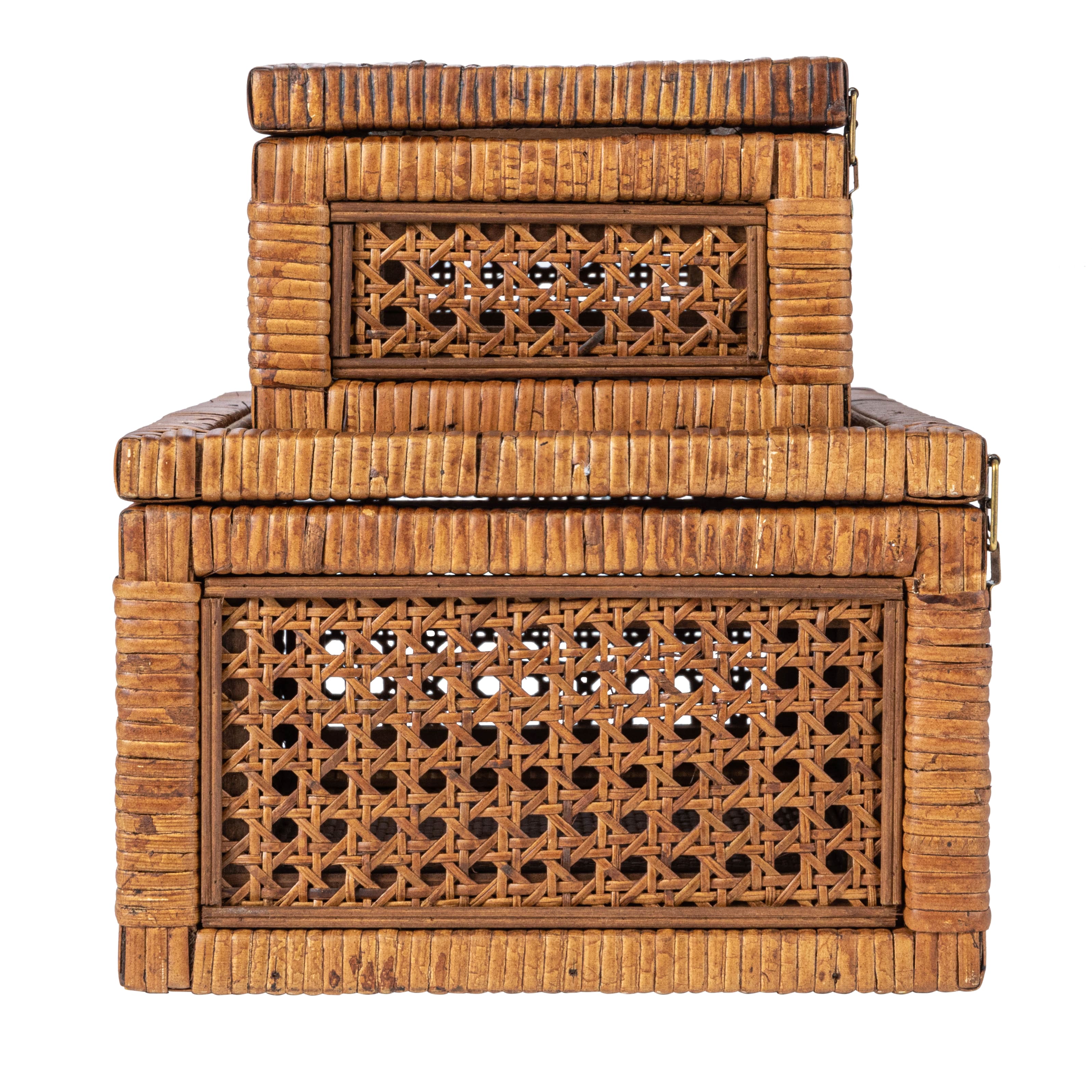 Hello Honey® Dark Brown Modern Decorative Rectangle Woven Rattan & Wood Display Box Set with Glass Top