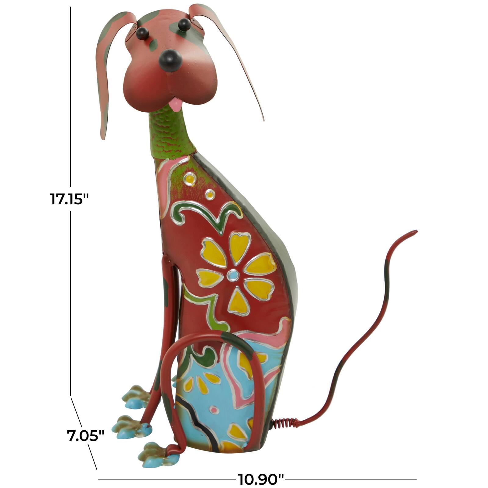 17" Multicolor Metal Dog Garden Sculpture with Floral Pattern
