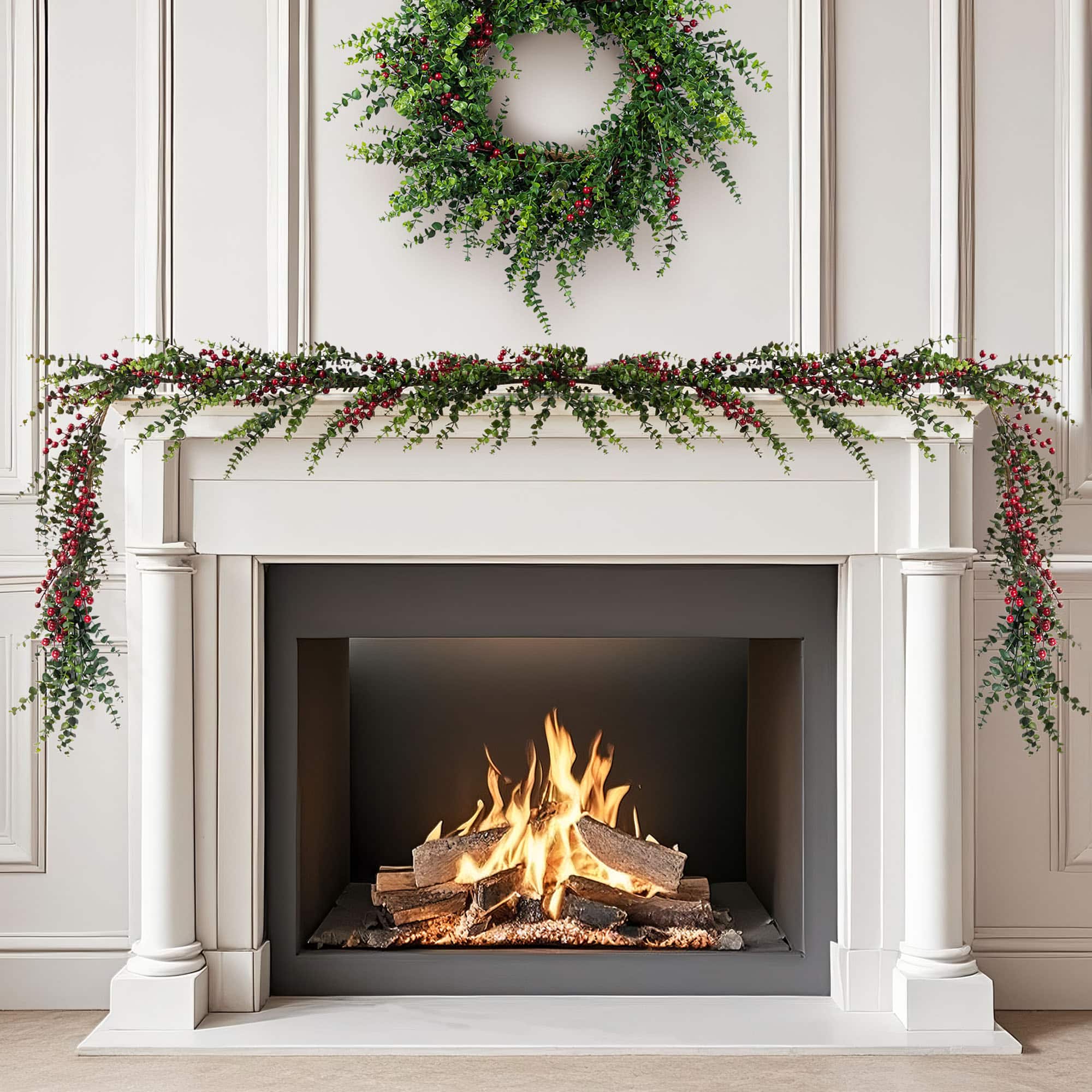 Glitzhome® 9ft. Christmas Greenery PE Dripping Eucalyptus Garland with Red Berries, Set of 2