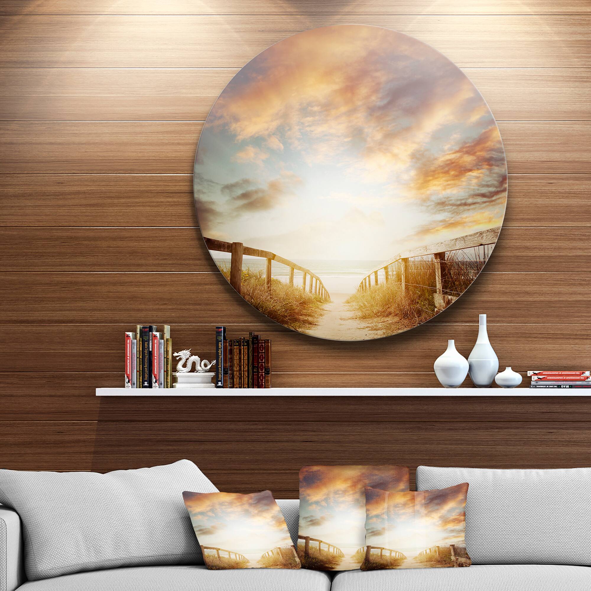 Designart - Walkway Leading to Beach Scene' Sea Bridge Metal Circle Wall Art