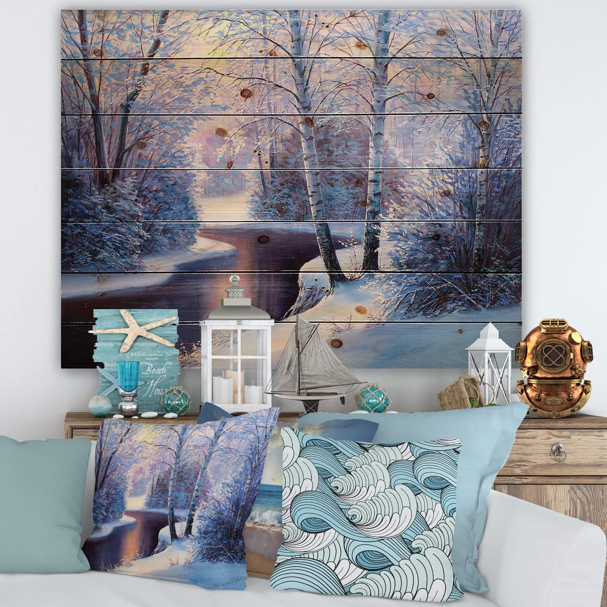 Designart Christmas Forest with River & Trees I Print on Natural Pine Wood
