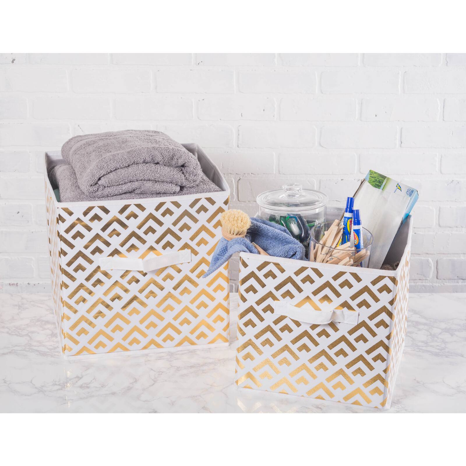DII® 13" Nonwoven Polyester White & Gold Double Diamond Storage Cube, 2ct.