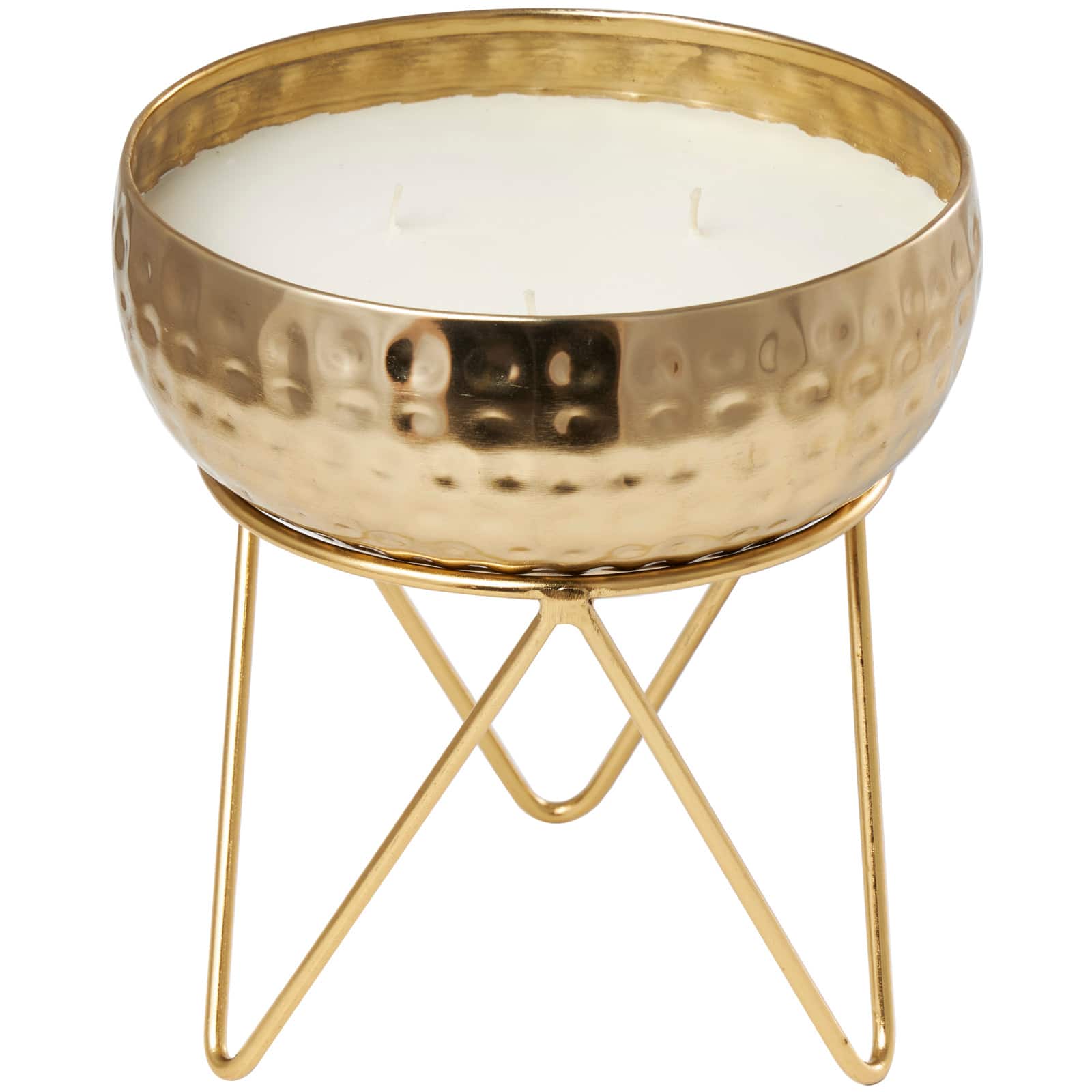 8" White Roses in Paradise Scented 3-Wick Candle with Hammered Gold Container and Tripod Stand