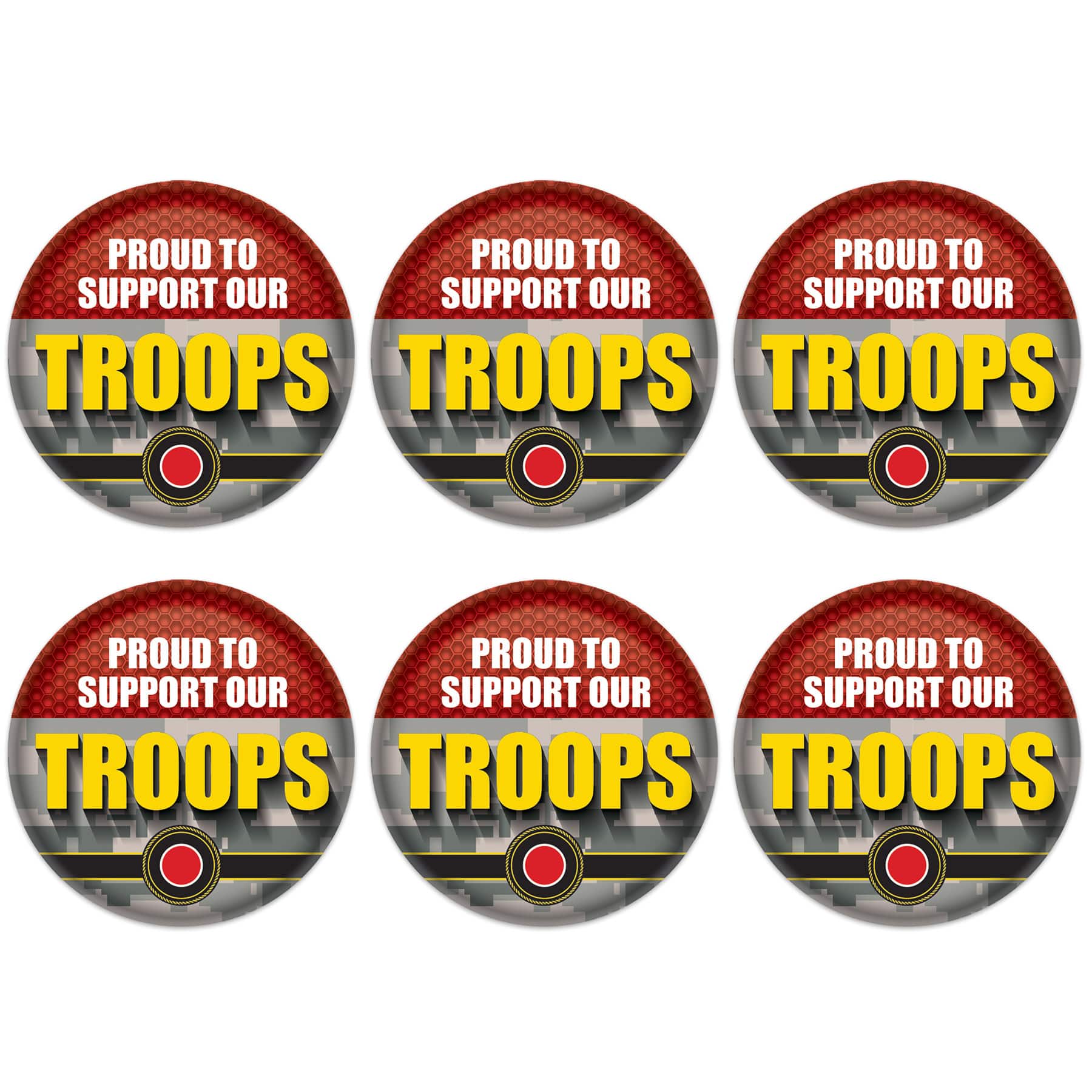 Beistle 2" Red Camouflage Proud To Support Our Troops Buttons, 6ct.