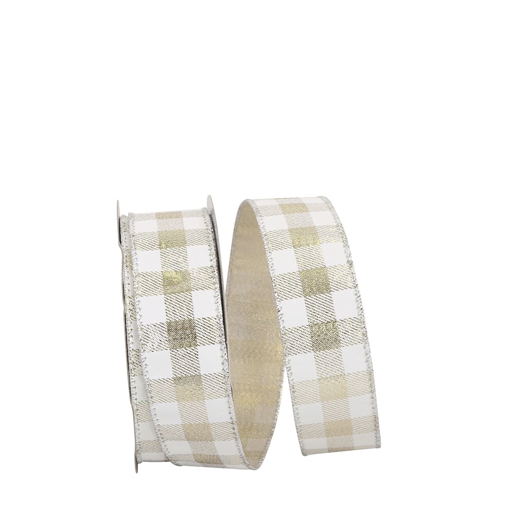Reliant 1.5" x 25yd. White & Platinum Gingham Metallic Wired Ribbon