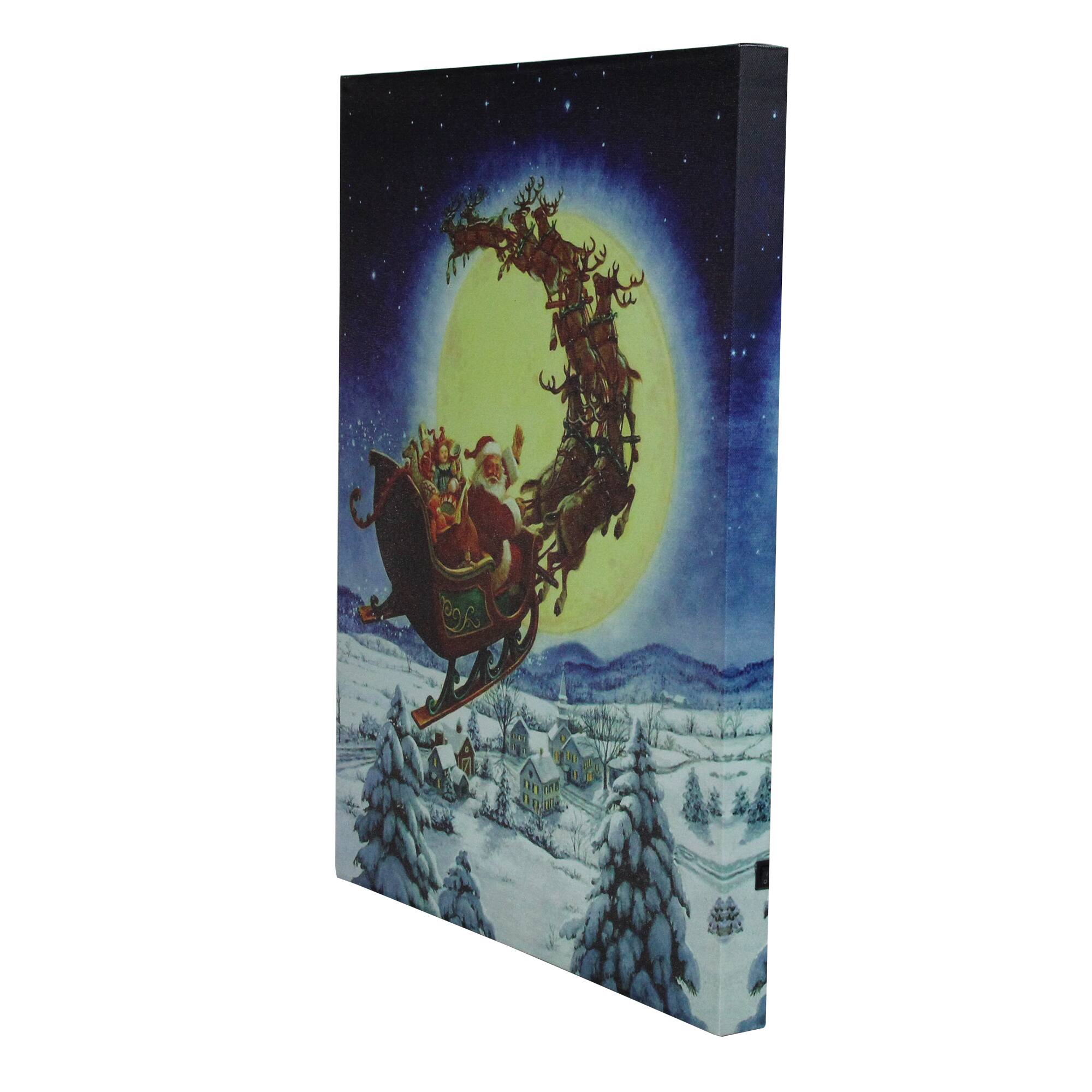 LED Back Lit Flying Santa Claus & Sleigh Christmas Wall Art