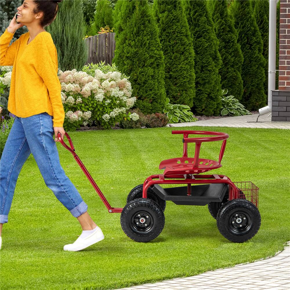 Costway Height-Adjustable Rolling Garden Cart Scooter with Swivel Seat