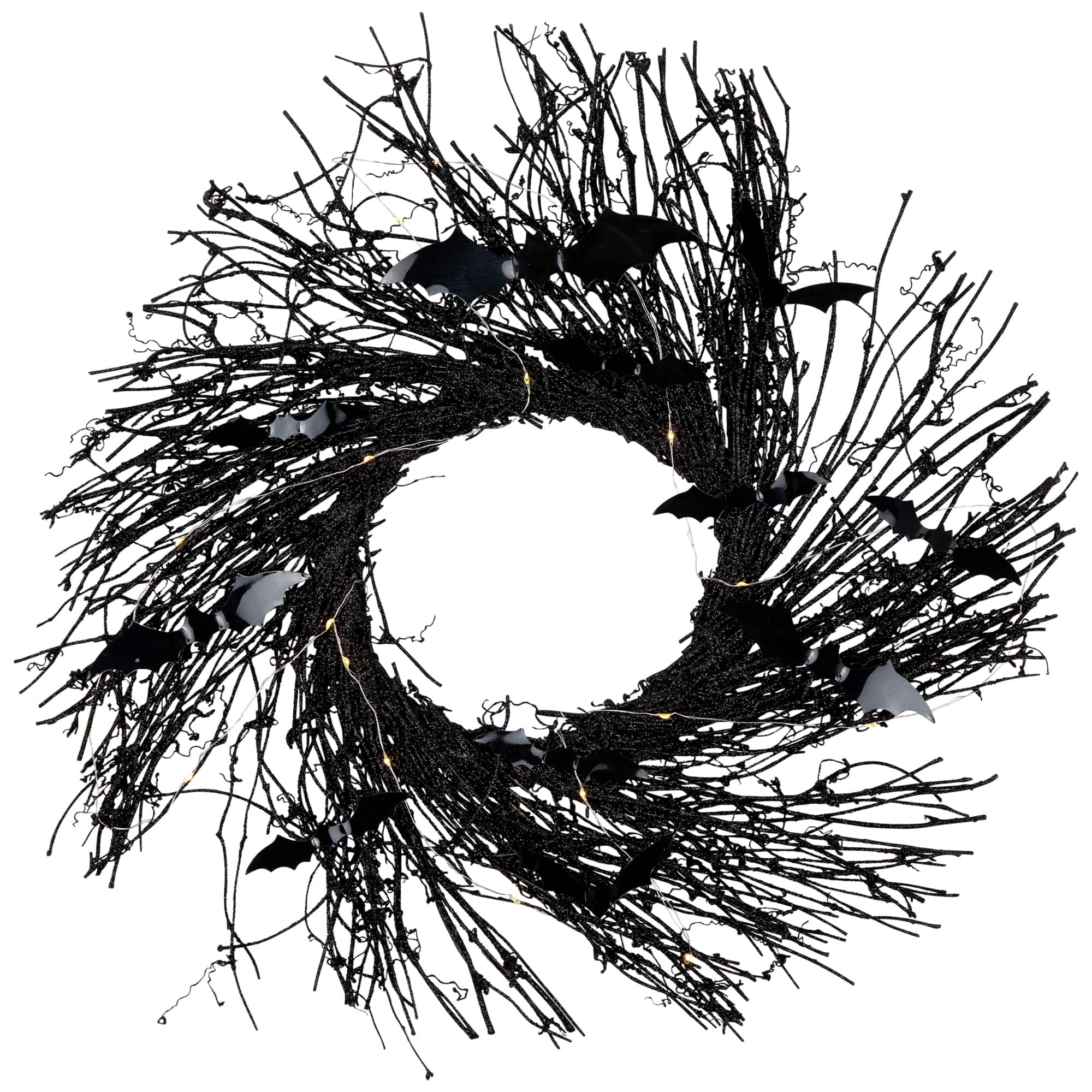 22" Black Pre-Lit Halloween Twig Wreath with Bats
