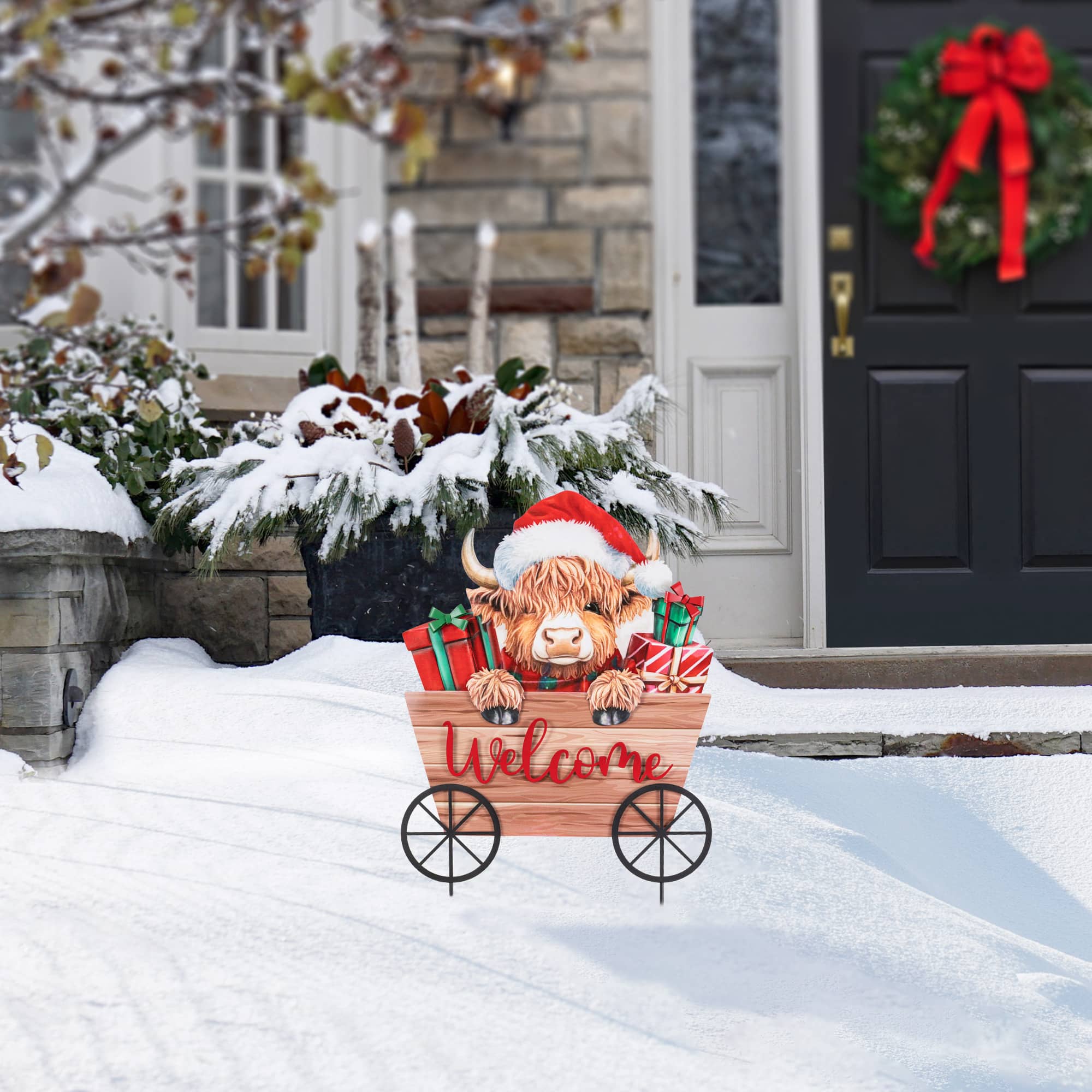 Glitzhome® 24.25" Christmas Metal Highland Cow with Barrow Yard Stake