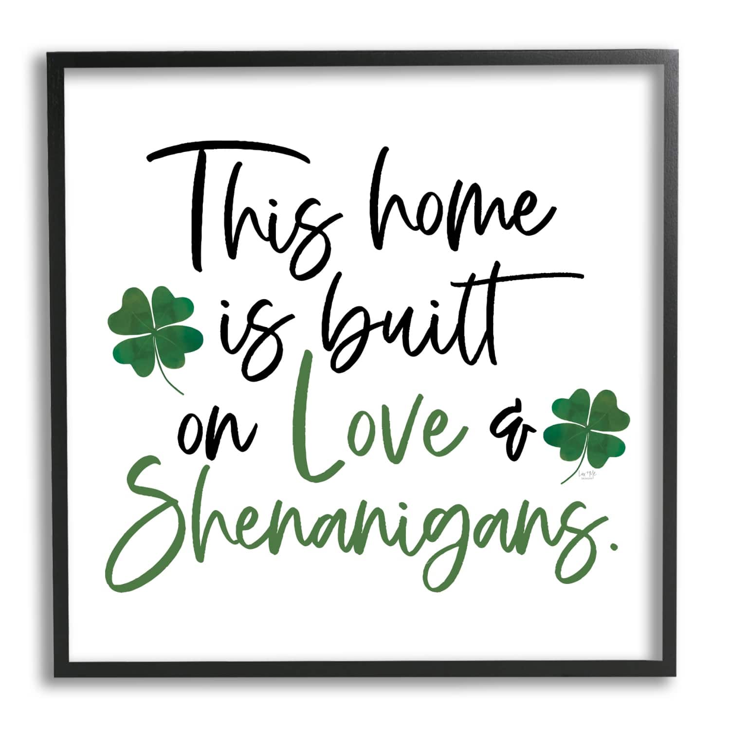 Stupell Industries Love & Shenanigans Lucky Green Clover Calligraphy Quote Framed Giclee Art