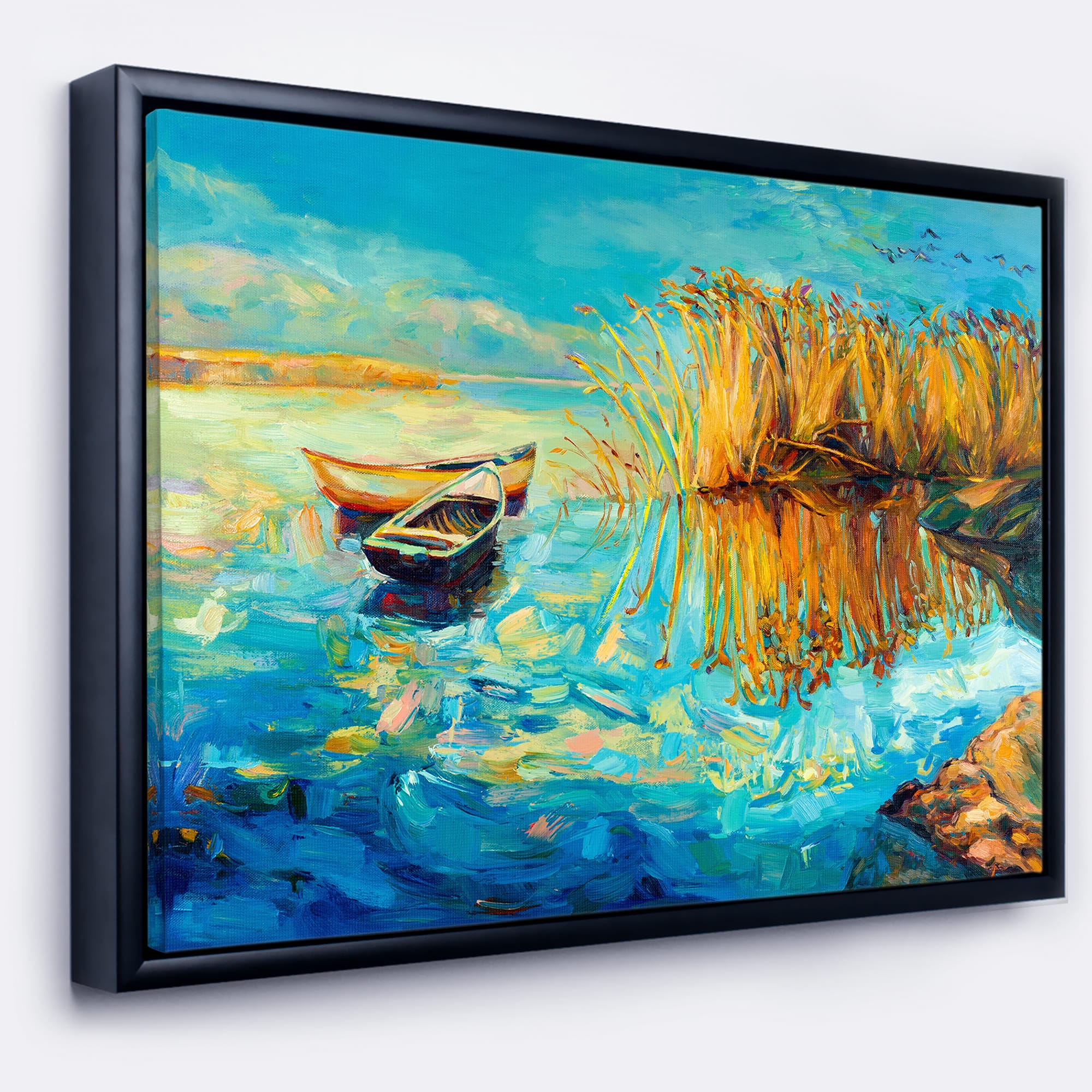 Designart - Colorful Lake with Boats - Seascape Canvas Art Print in Black Frame