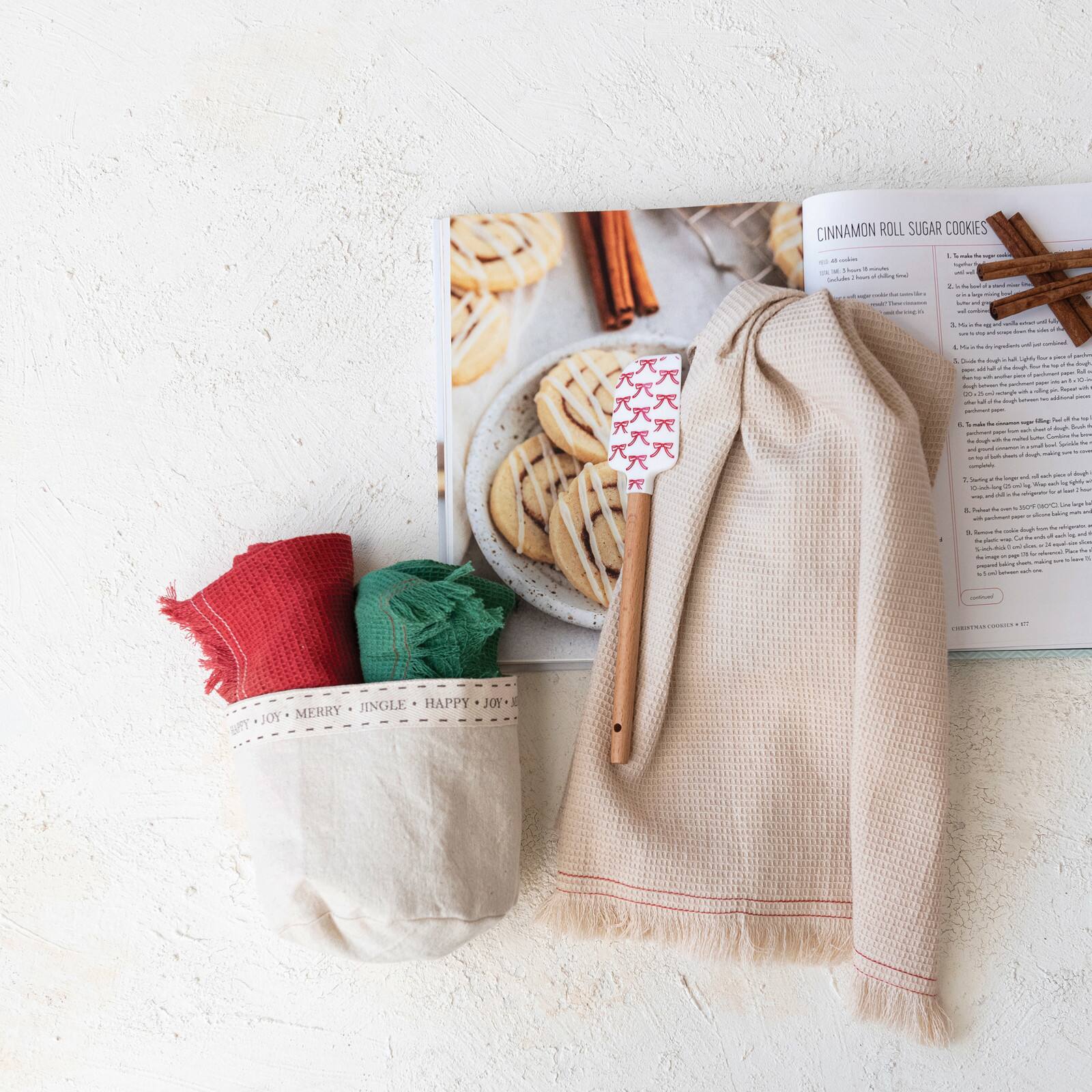 Hello Honey® Red, Green & Natural Cotton Waffle Weave Tea Towel Set with Fringe