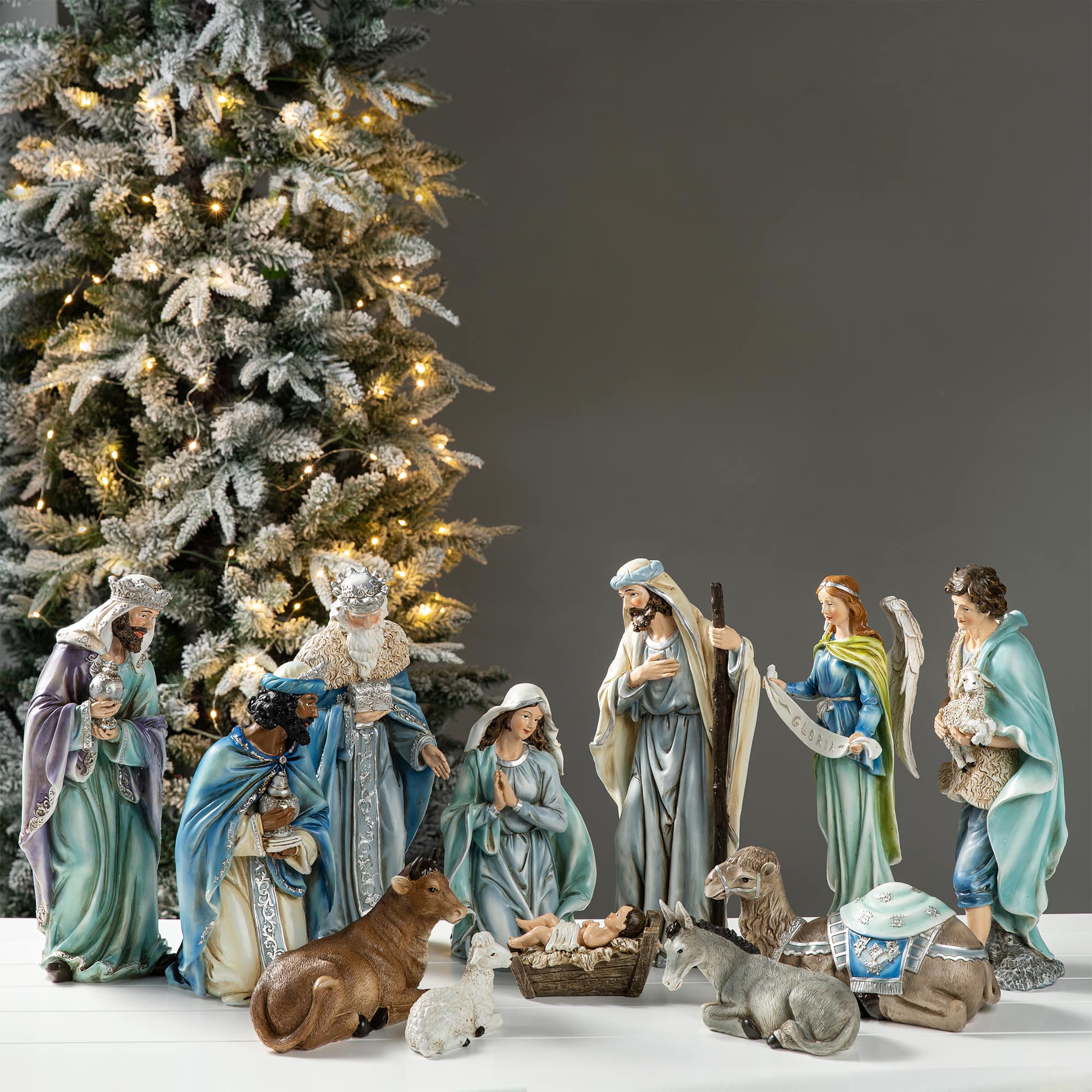 Glitzhome® Oversized Deluxe Blue Resin Nativity Figurine Set