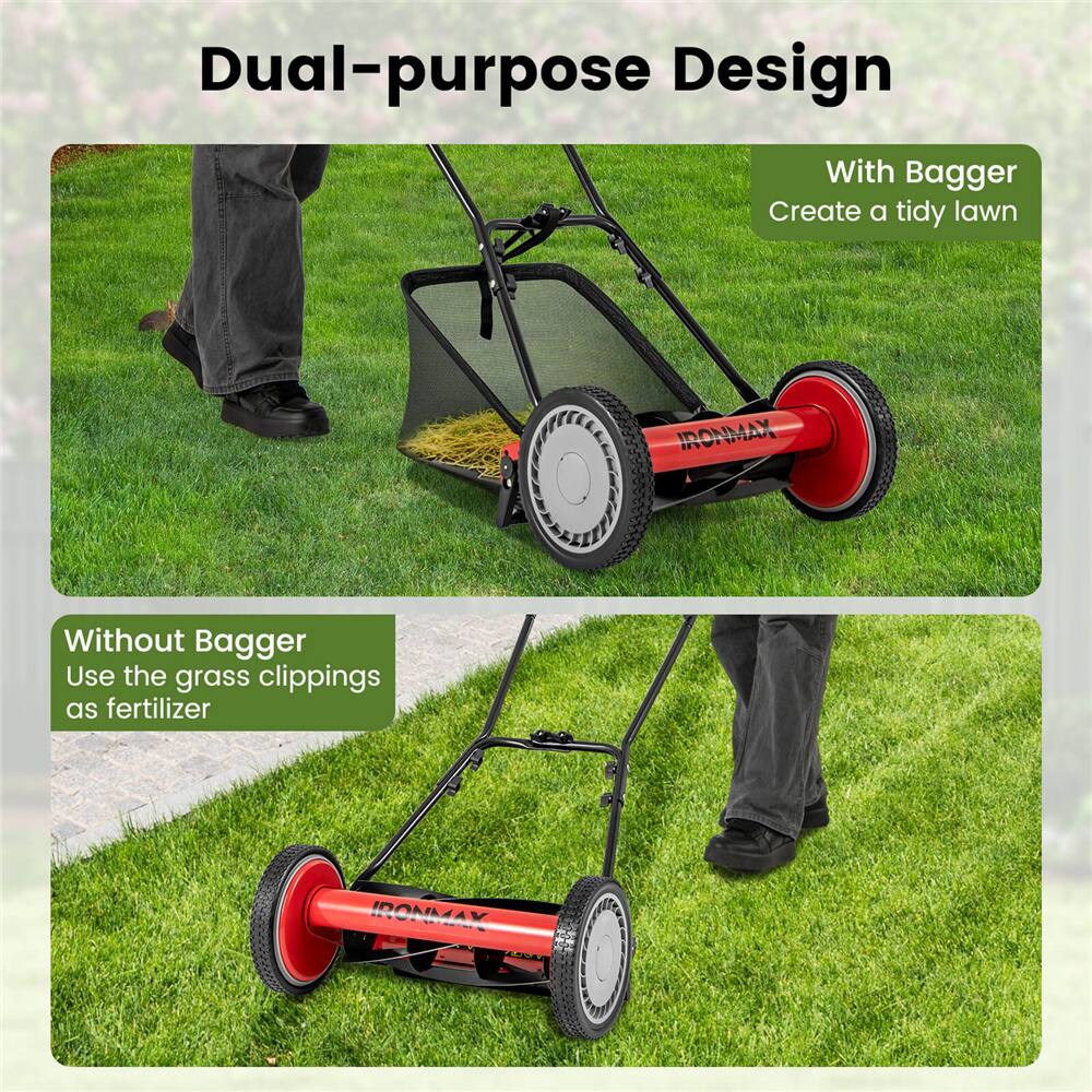 Costway Ironmax Red & Black Push Lawn Mower with 5-Blade Removable Grass Catcher