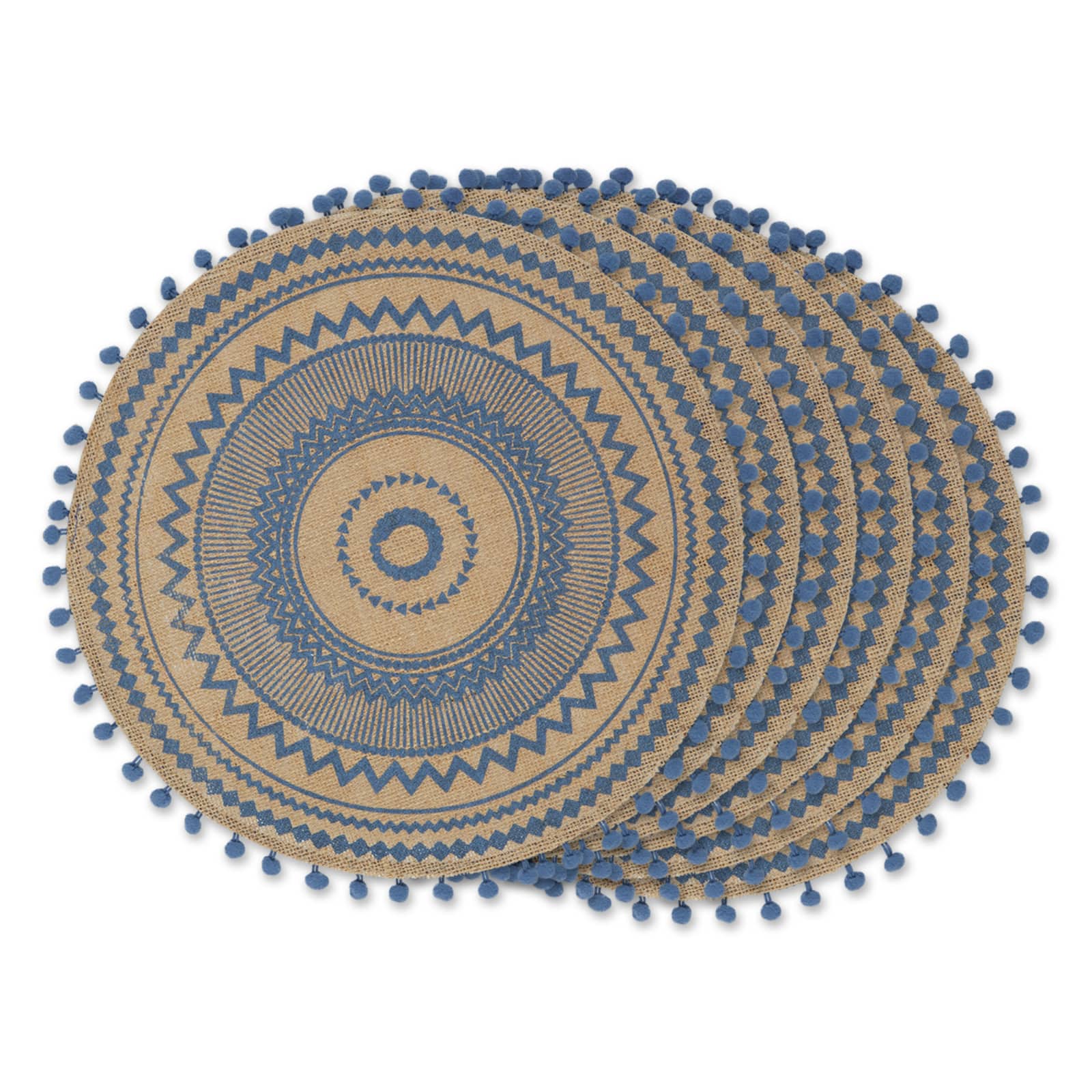French Blue Aztec Print On Natural Round Jute Placemat (Set of 6)
