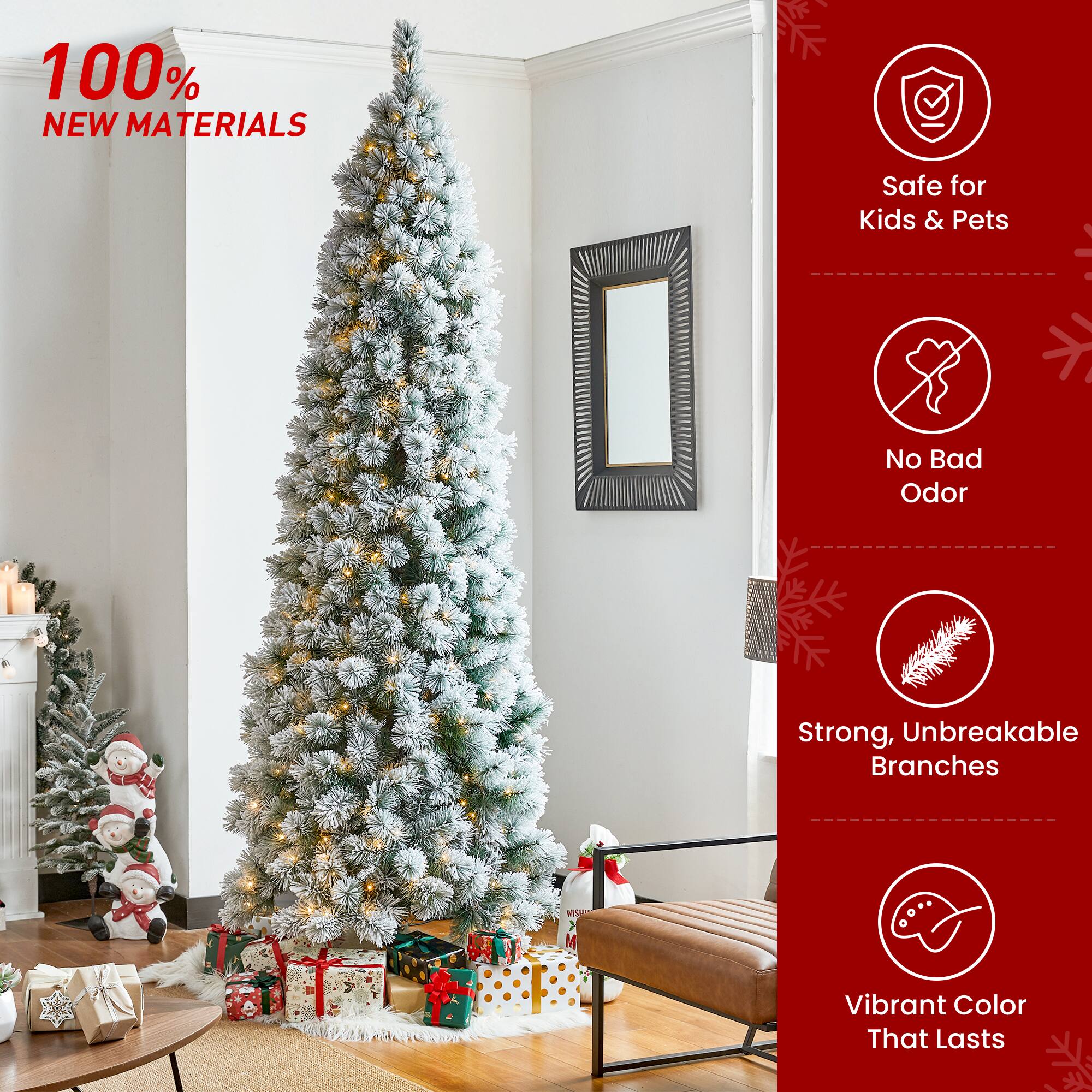 9ft. Pre-Lit Flocked Pine Pencil Artificial Christmas Tree, Warm White LED Lights