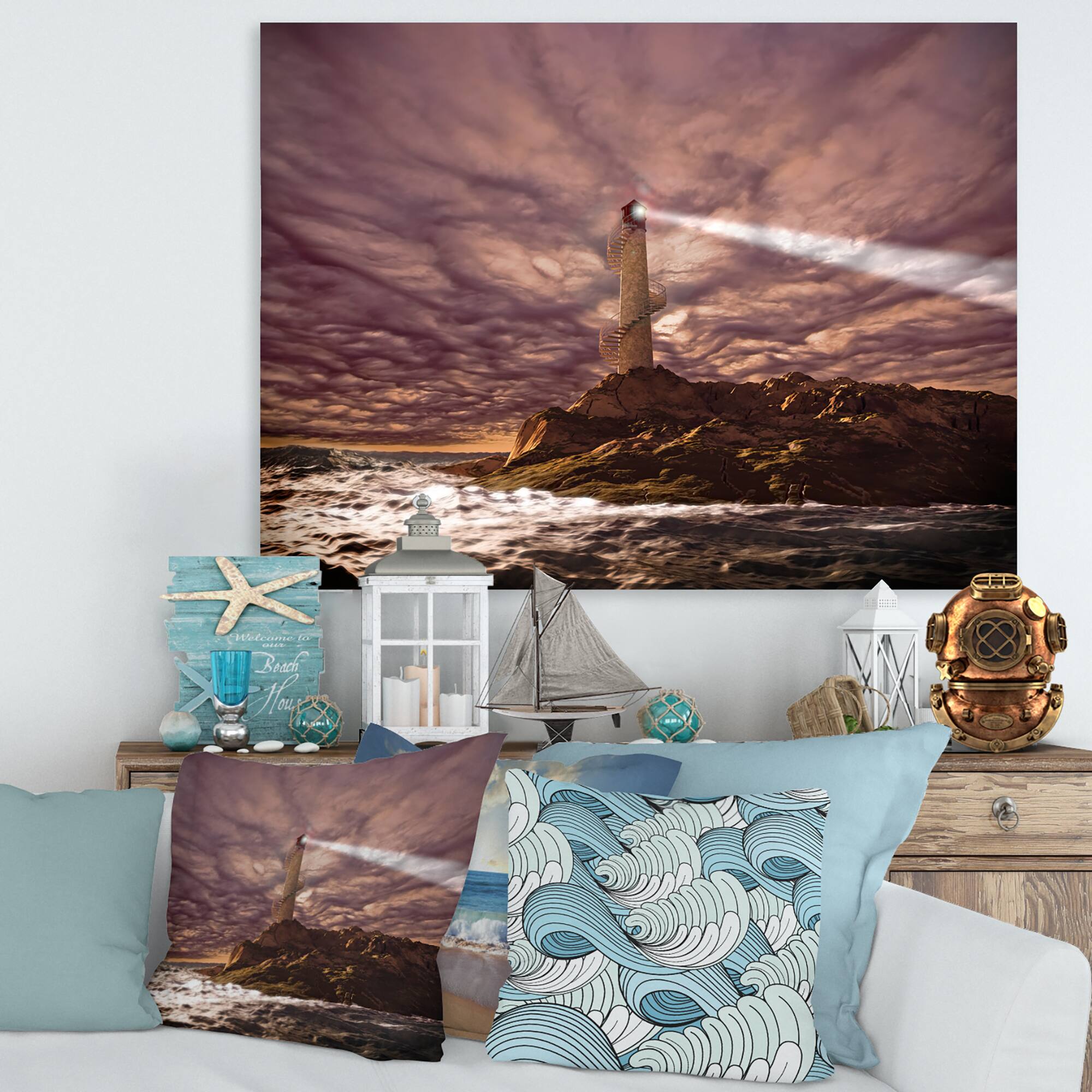 Designart - Lighthouse Shining Light During Stormy Night I - Nautical & Coastal Canvas Wall Art Print