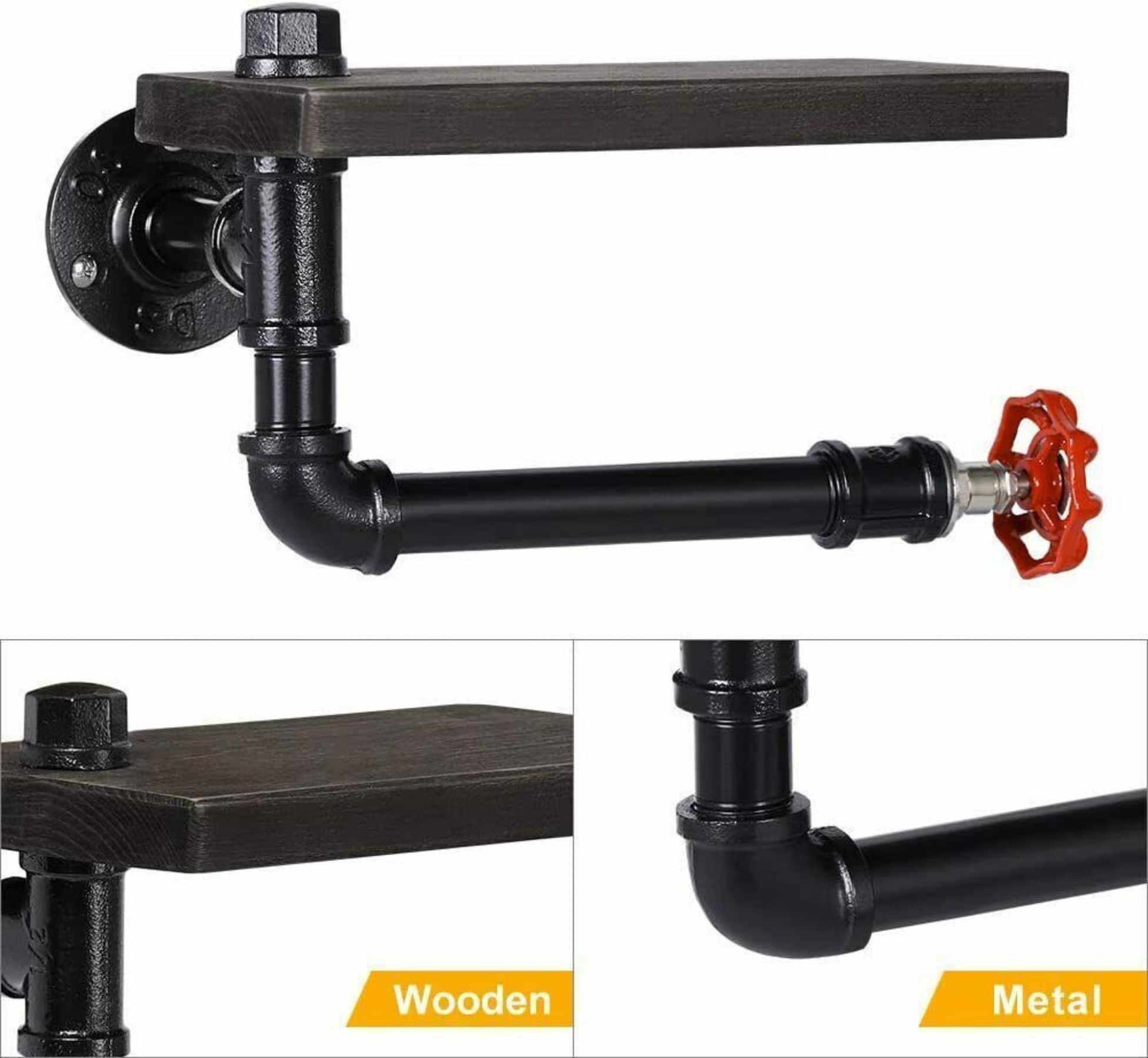 Black Industrial Metal Wall Mounted Toilet Paper Holder with Wood Shelf