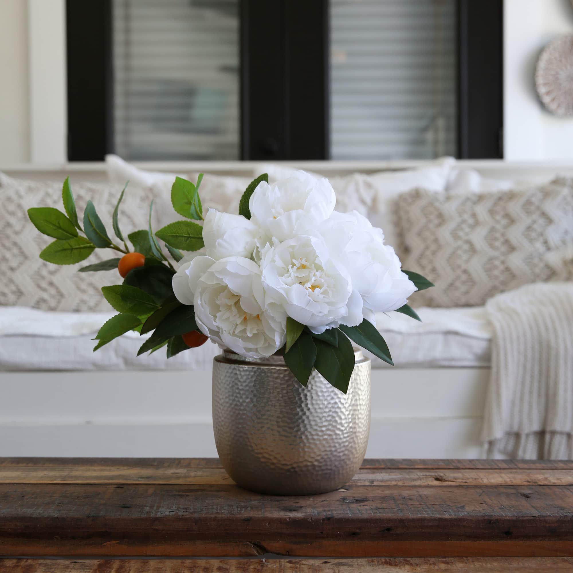 16" Artificial White Peony Dahlia Arrangement with White Vase