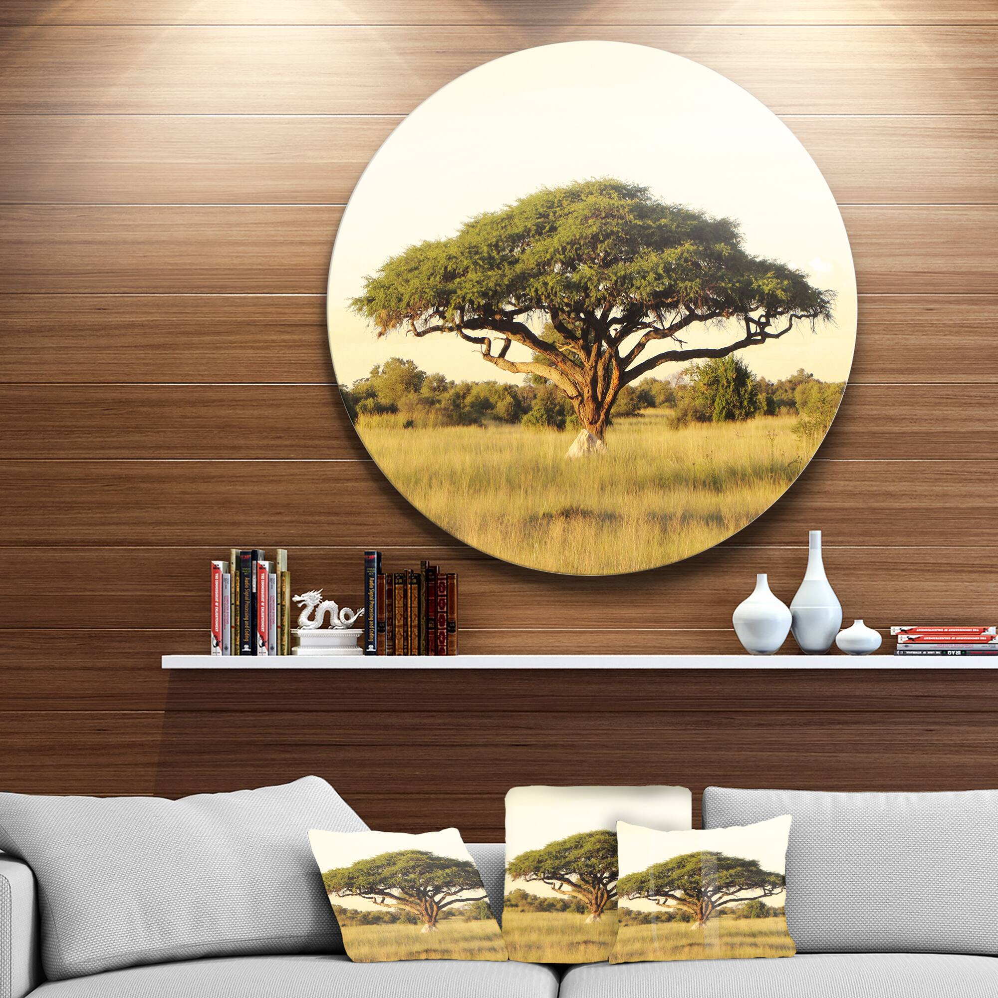 Designart - Acacia Tree on African Plain' Oversized African Landscape Metal Circle Wall Art