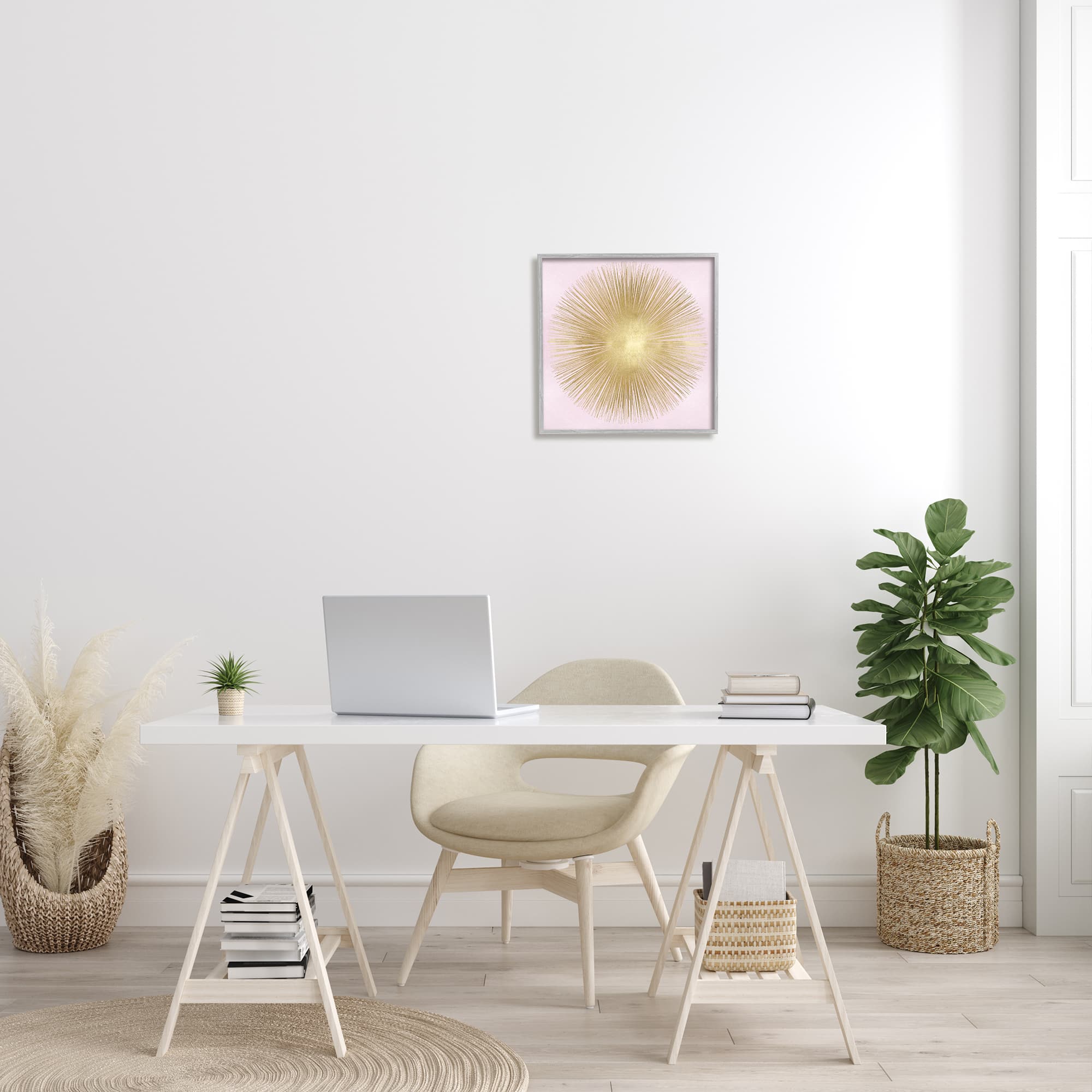 Stupell Industries Minimal Abstract Glam Sunburst Lines Over Pink in Gray Frame Wall Art