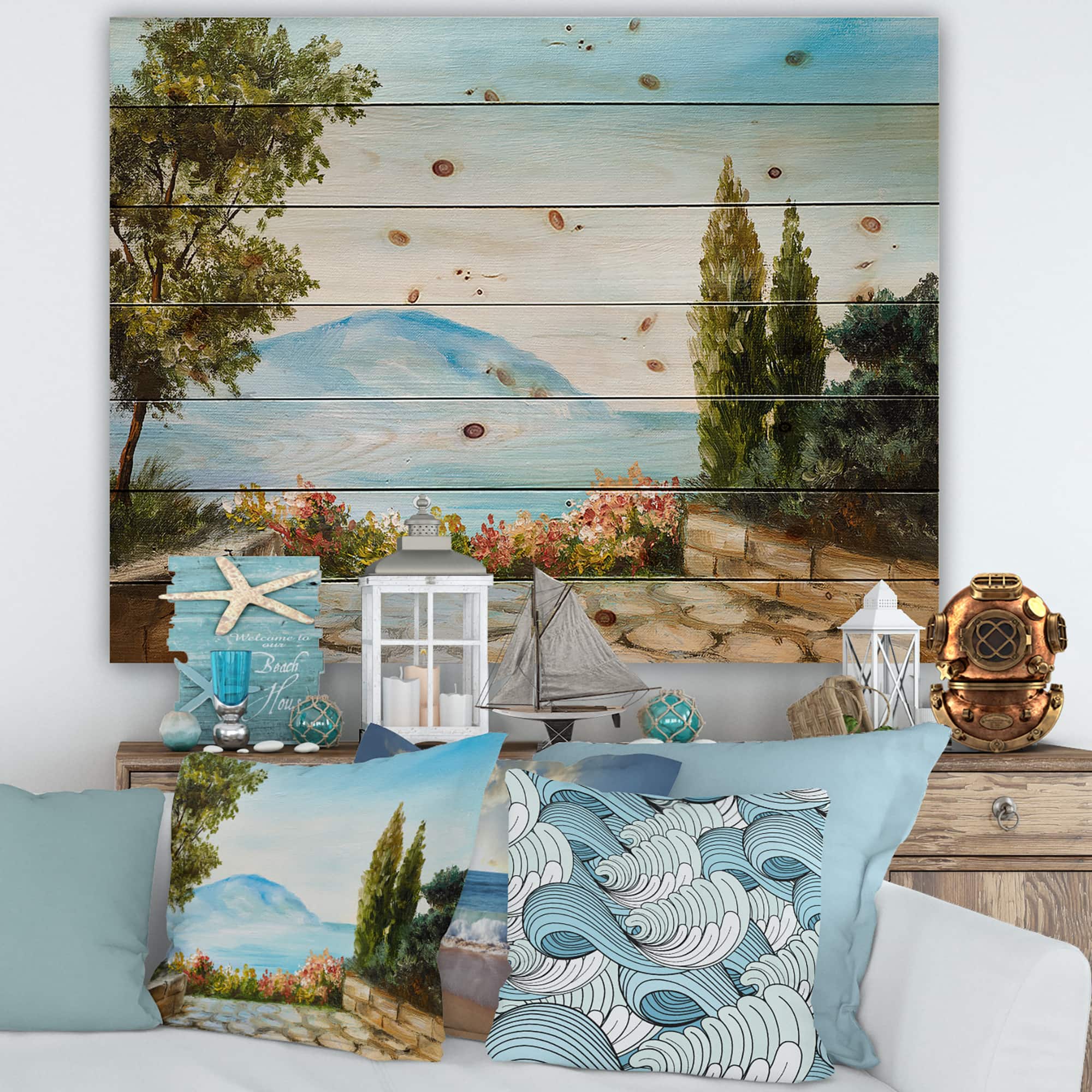 Designart - Mountains View By The Sea Side - Nautical & Coastal Print on Natural Pine Wood