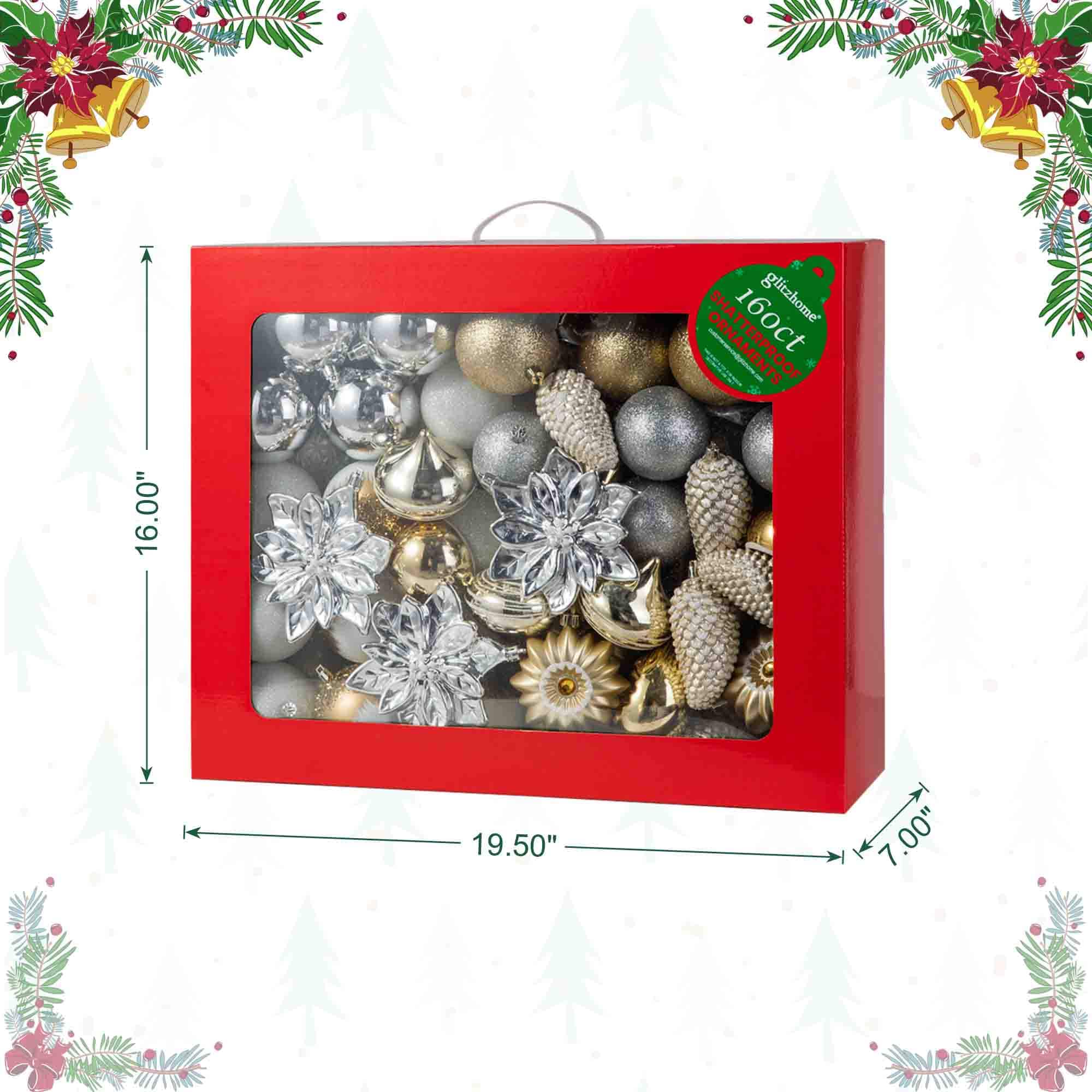 Glitzhome® Elegant Silver & Gold Shatterproof Ornaments, Pinecone Picks & Ribbon Bow Set