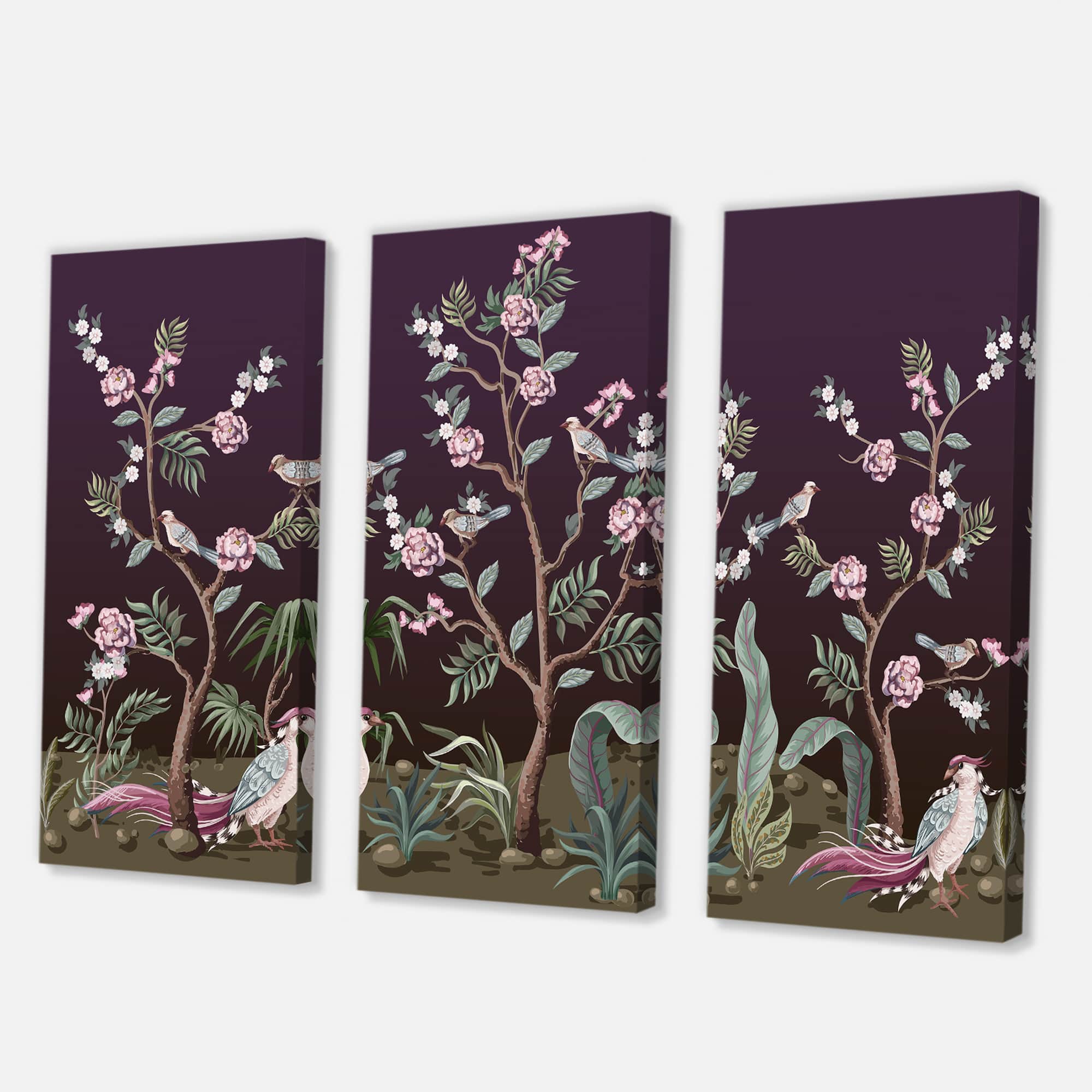 Designart - Chinoiserie With Birds and Peonies I - Traditional Canvas Wall Art Print