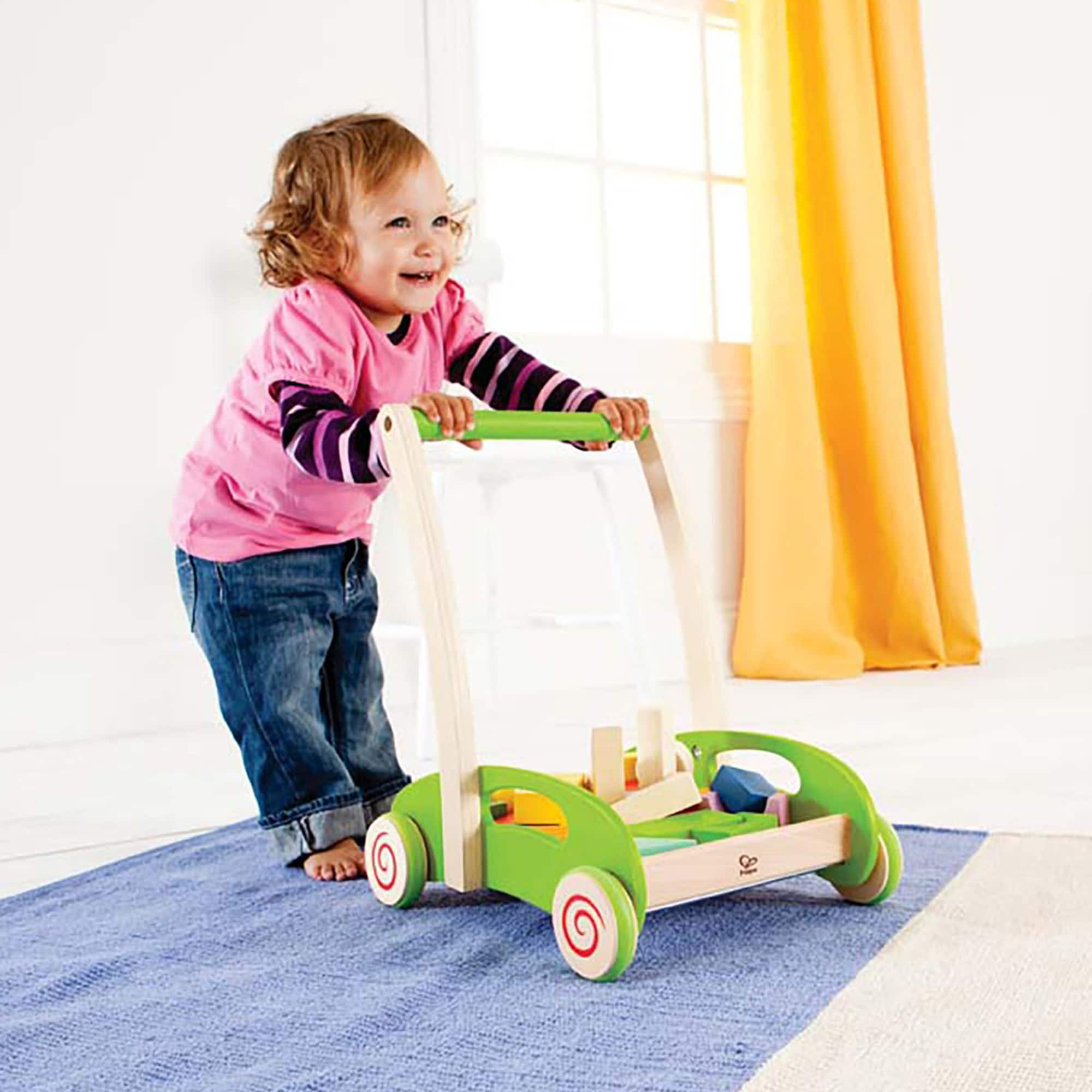 Hape Green Block & Roll Cart Toddler Wooden Push & Pull Toy