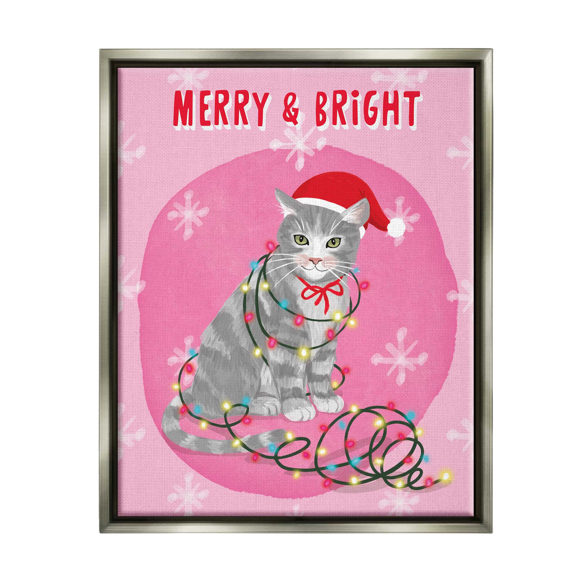 Stupell Industries Merry & Bright Christmas Cat Lights Framed Floater Canvas Wall Art