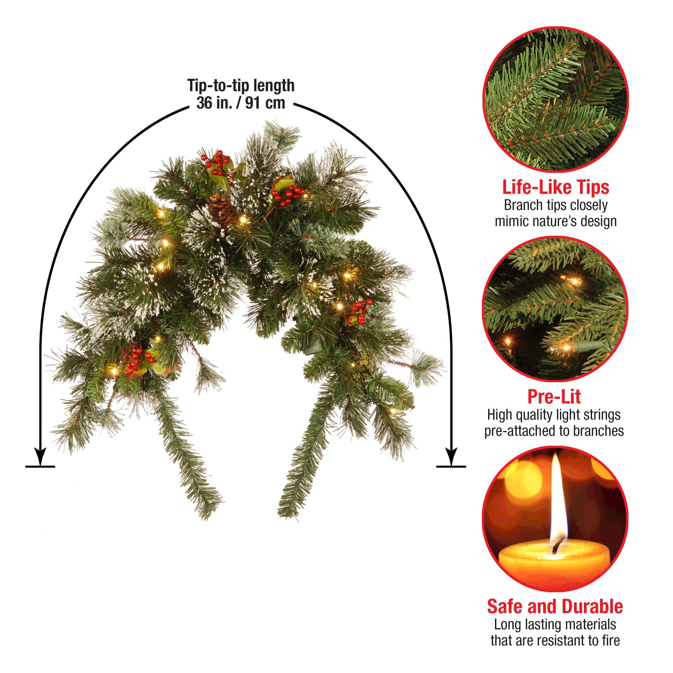 3ft. Pre-lit Wintry Pine® Collection Artificial Christmas Mailbox Swag with Red Berries, Cones & Snowflakes with 15 Battery Operated Soft White LED Lights