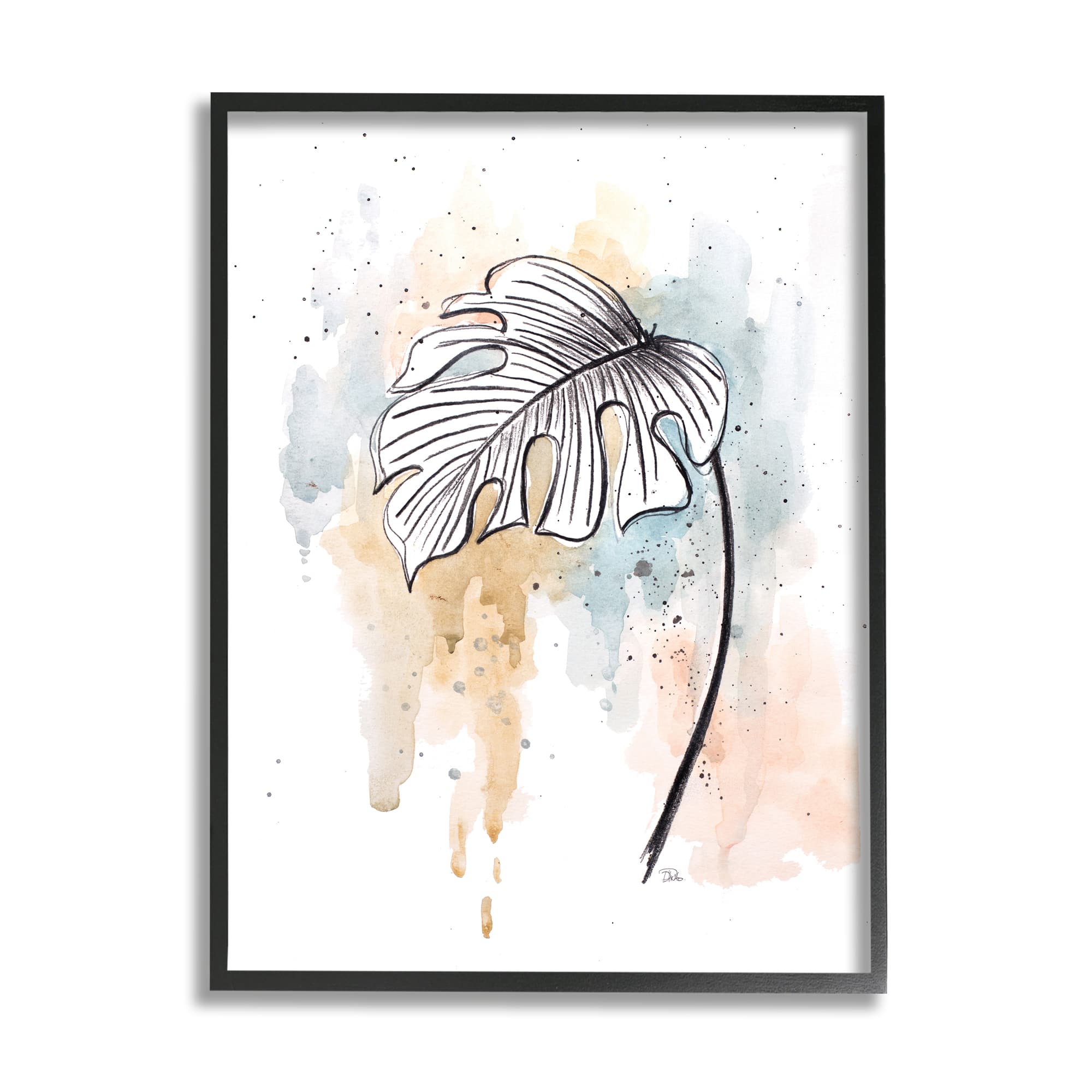 Stupell Industries Monstera Plant Stem Blue Brown Splatter Watercolor in Frame Wall Art