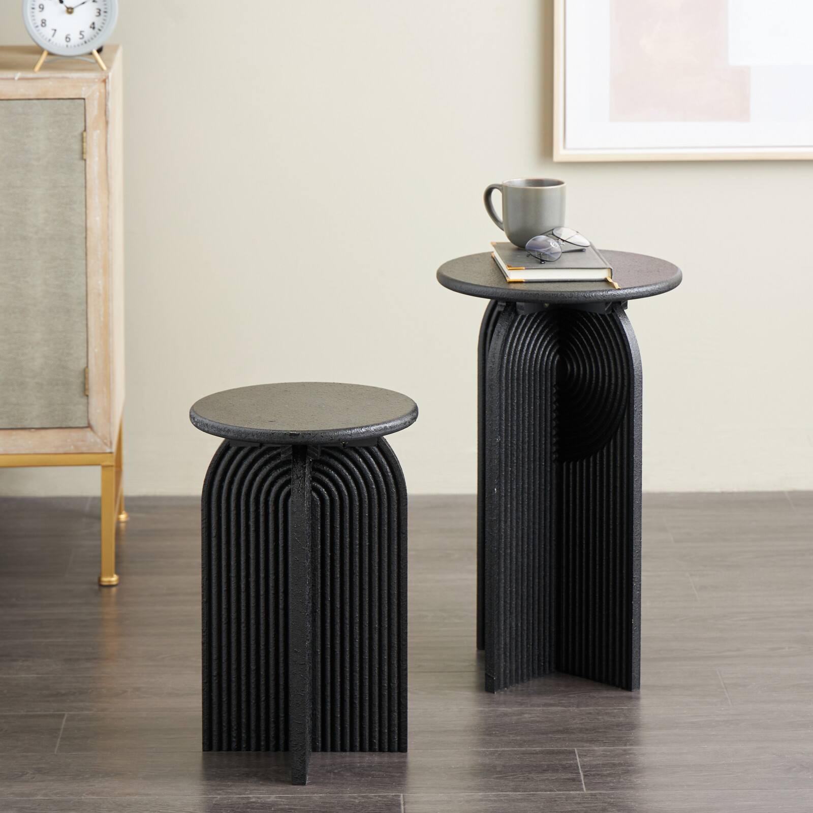 Black Wood Art Deco Carved Arched Pedestal Accent Table Set