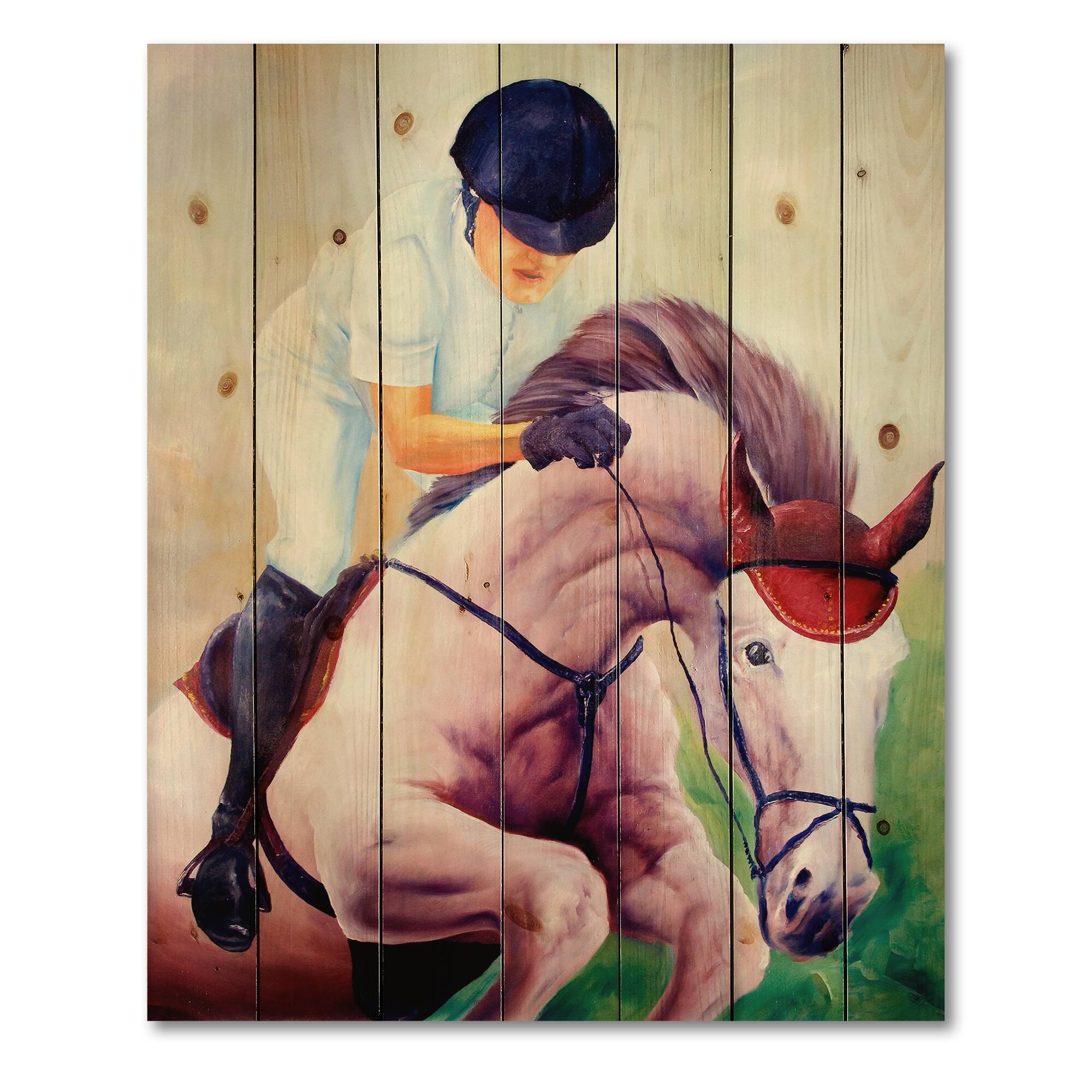 Designart - Jockey On Galoping Horse - Farmhouse Print on Natural Pine Wood