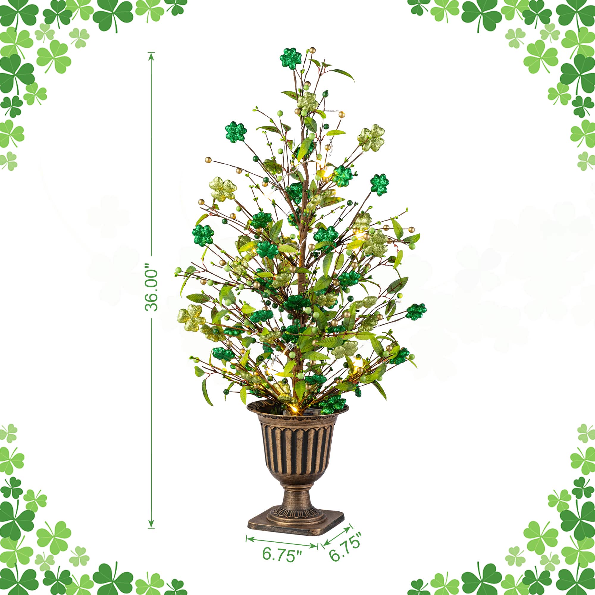 Glitzhome® 36" Lighted St. Patrick's Shamrock Urn Porch Tree with Timer