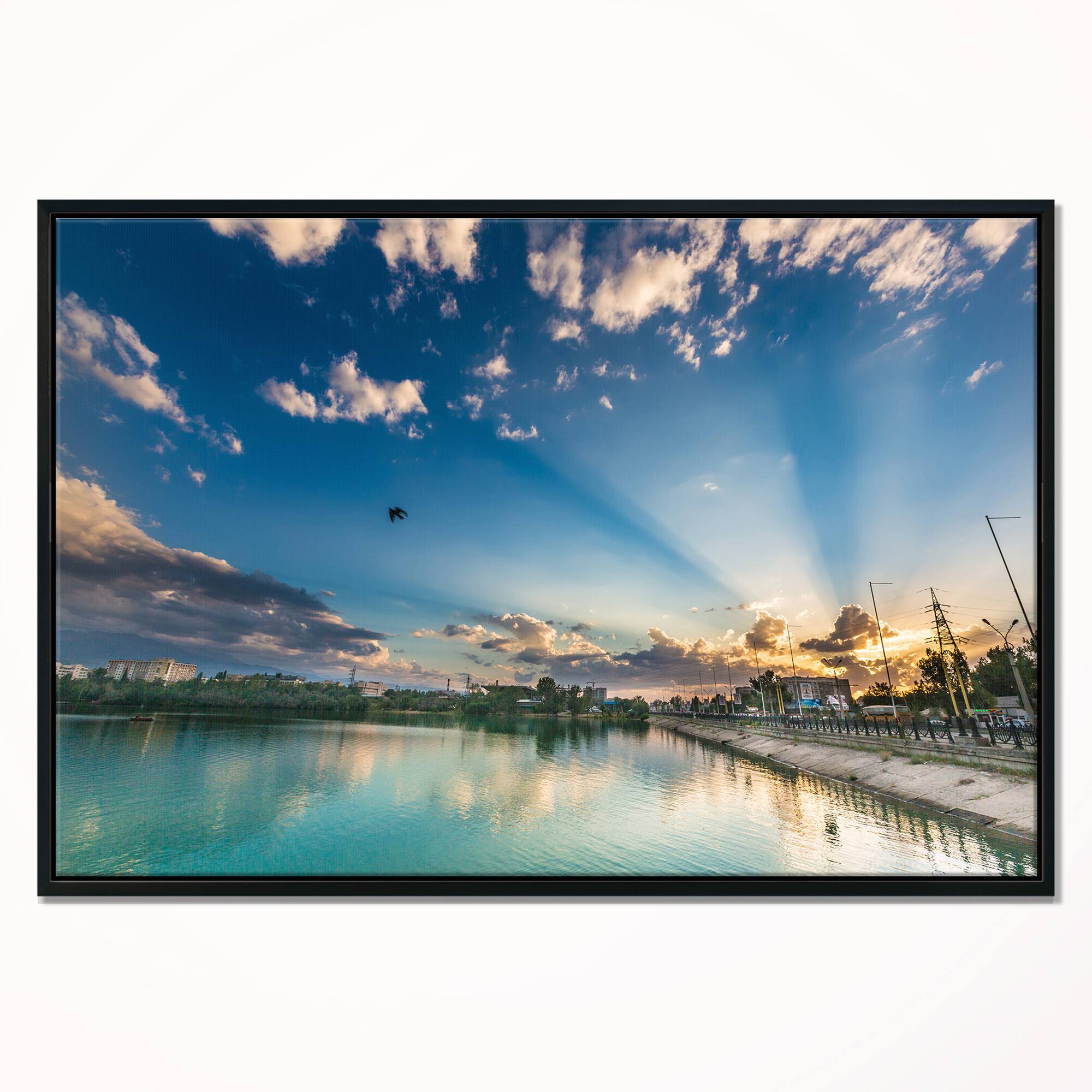 Designart - Moving Clouds Over Lake - Landscape Photo Canvas Art Print in Black Frame