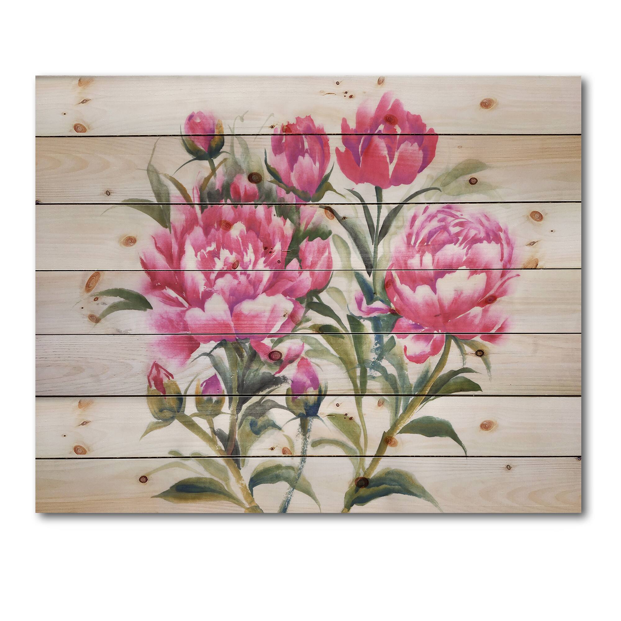 Designart - Purple Peonies Bush I - Traditional Print on Natural Pine Wood