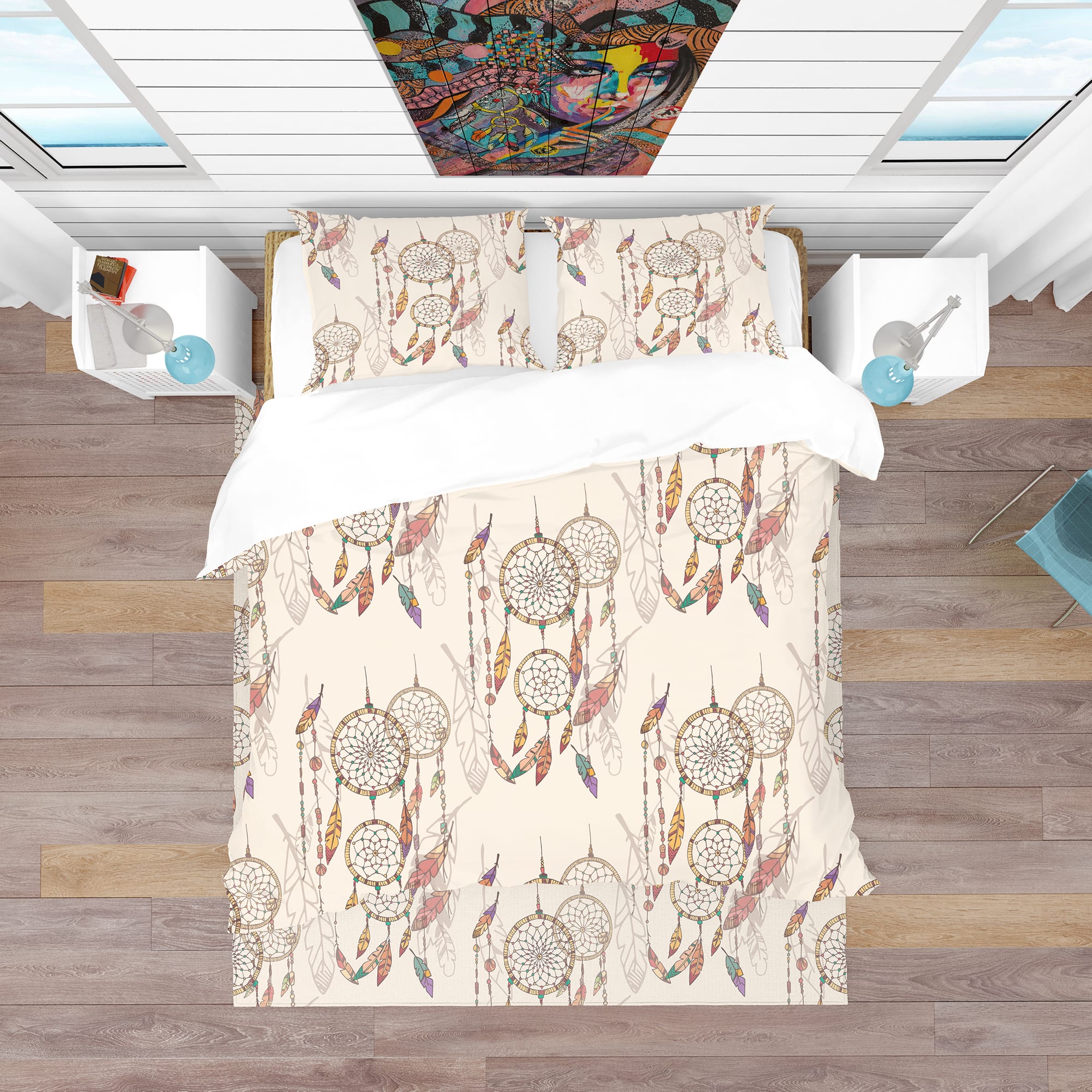 Designart 'Bohemian Dream Catcher with Beads & Feathers' Southwestern Bedding Set - Duvet Cover & Shams, Full/Queen