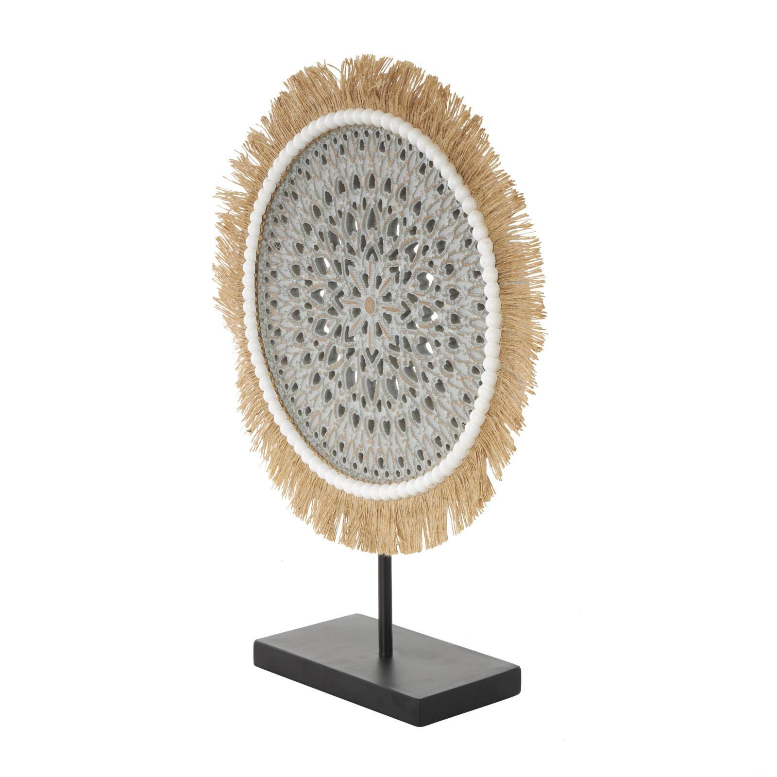 17.75" Gray Wooden Tribal Handmade Seagrass Fringed Decorative Sculpture with Black Base