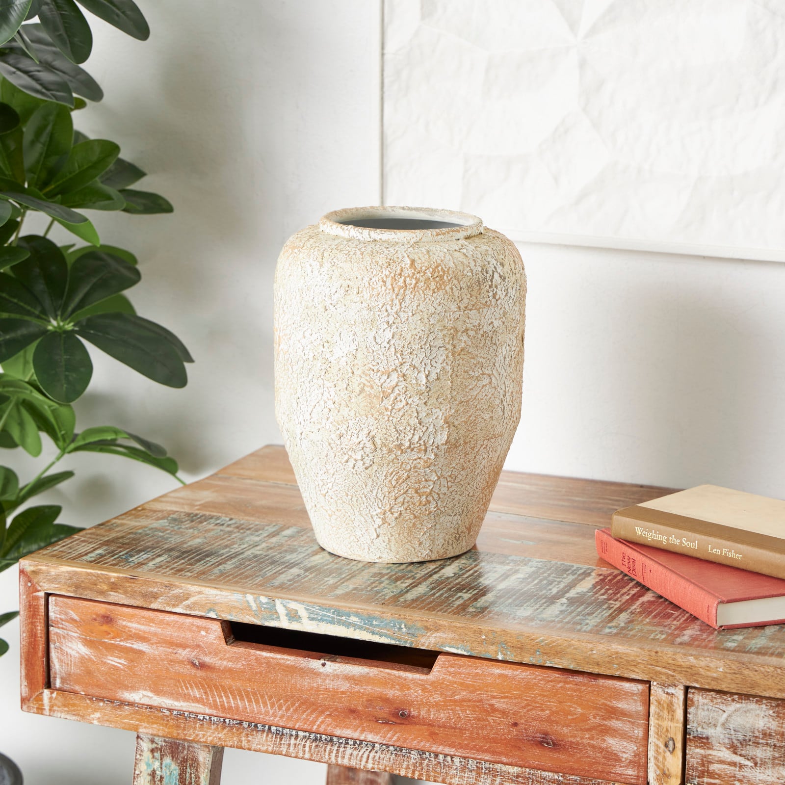 12" Beige Metal Handmade Antique Style Distressed Vase