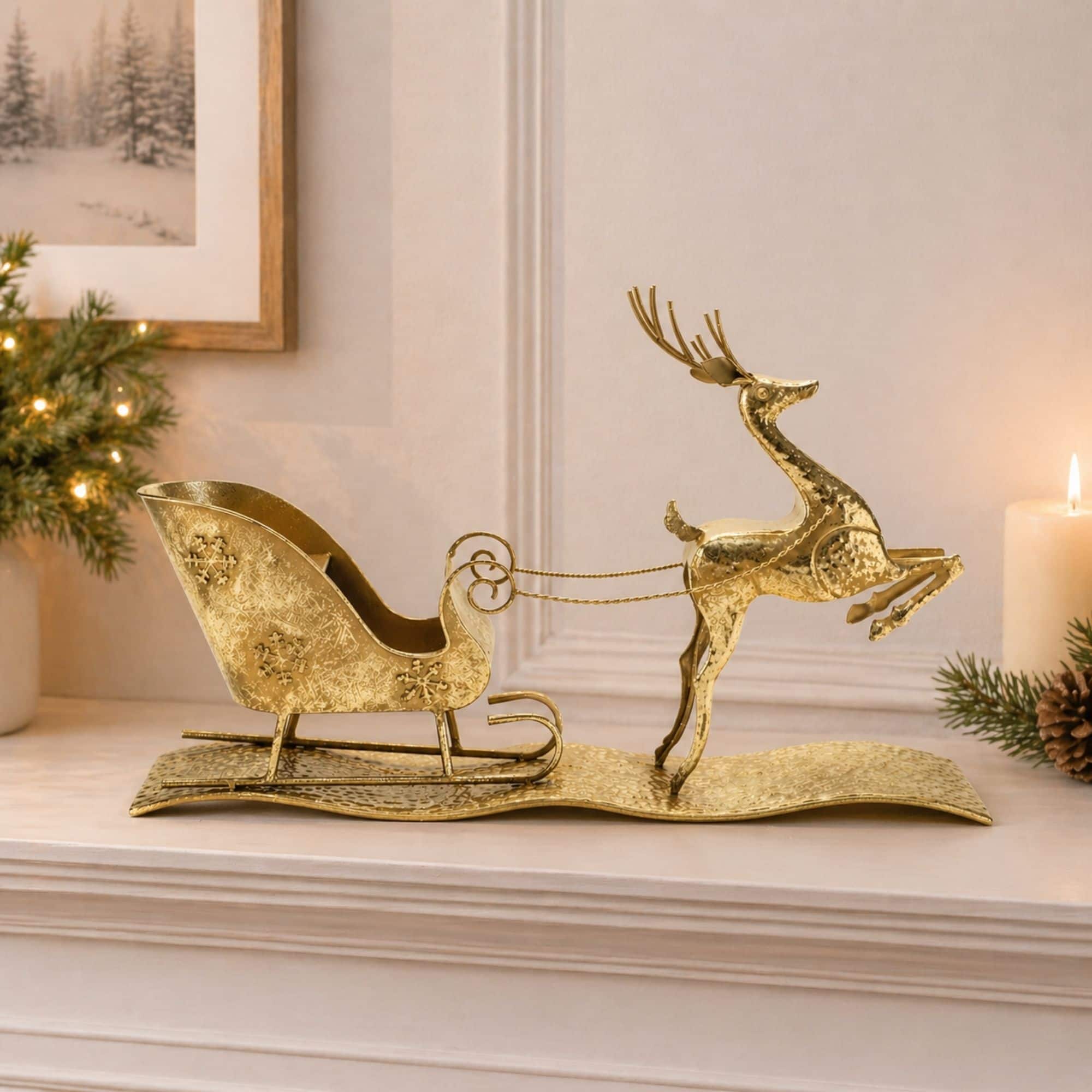 25.5" Hammered Metal Deer with Sleigh