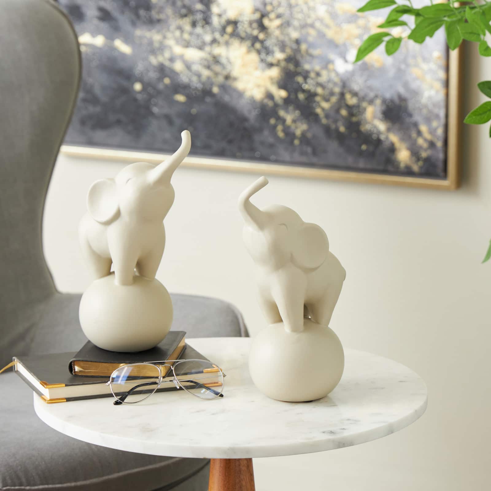 10.5" White Ceramic Elephant Trumpeting Decorative Sculpture with Round Base Set