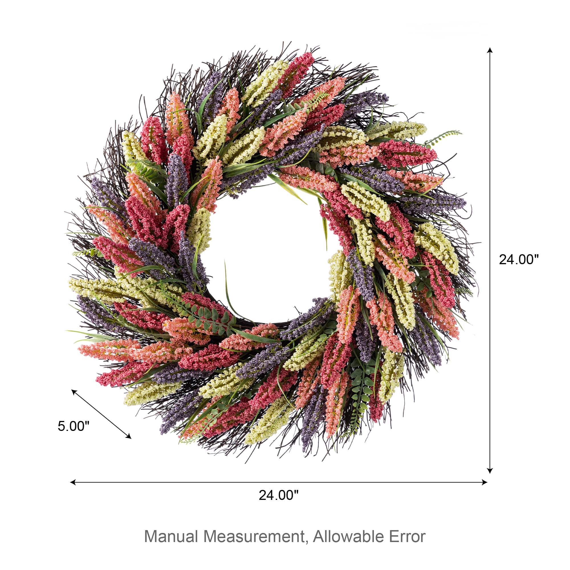 Glitzhome® 24" Pink, Purple & Yellow Heather Wreath with Black Metal Hanger