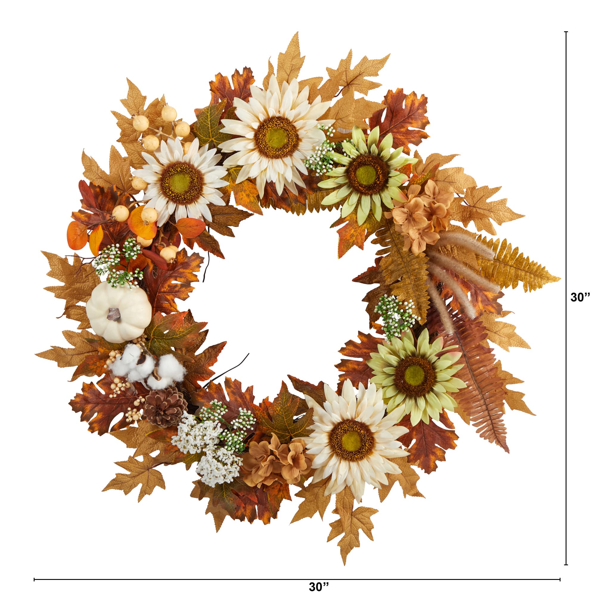 30" Sunflower, White Pumpkin & Berries Fall Wreath