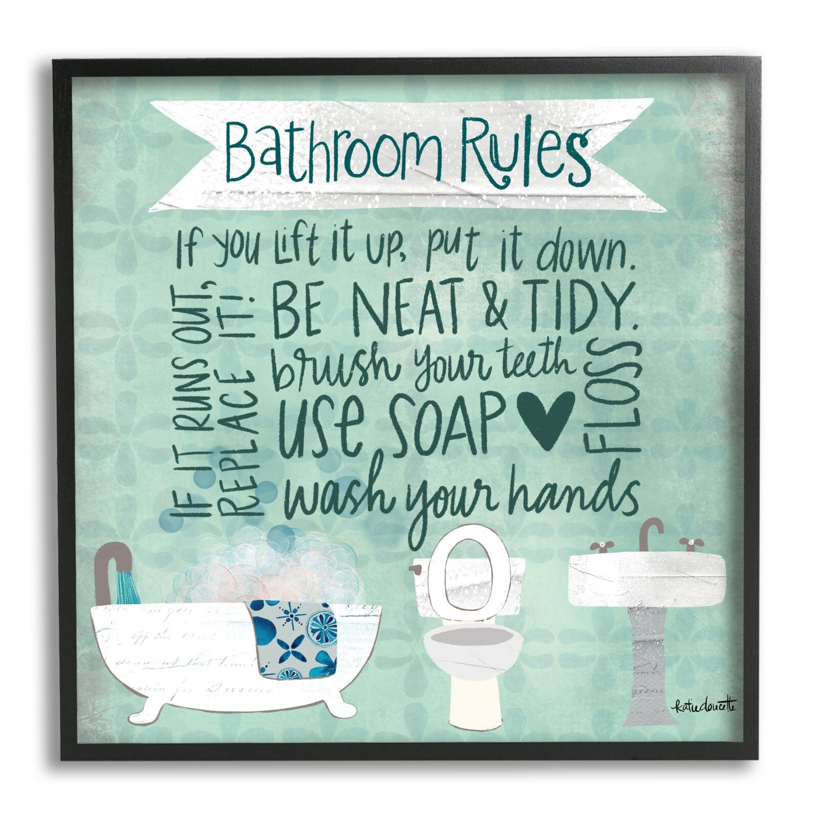 Stupell Industries Aqua Blue Bathroom Rules Collage Look Typography Framed Wall Art