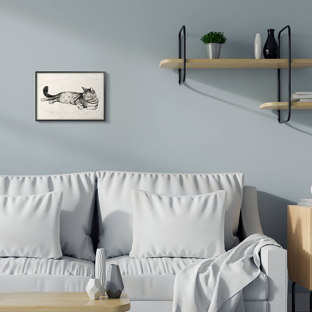 Stupell Industries Sleeping Striped Cat Minimal Relaxed Pet in Black Frame Wall Art