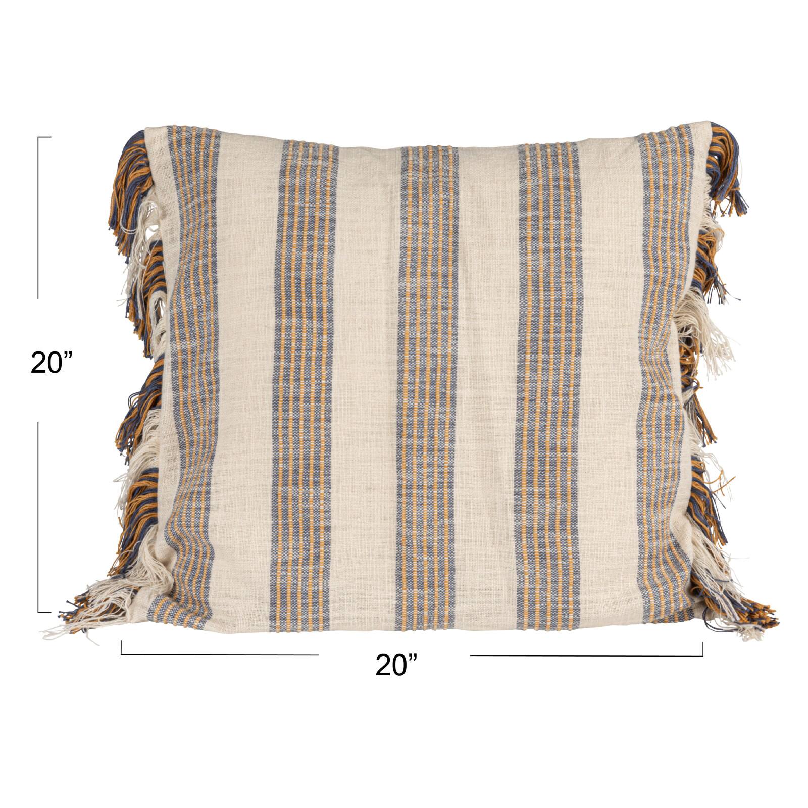 Hello Honey® Blue & Yellow Stripes on Cream Cotton Throw Pillow with Fringe