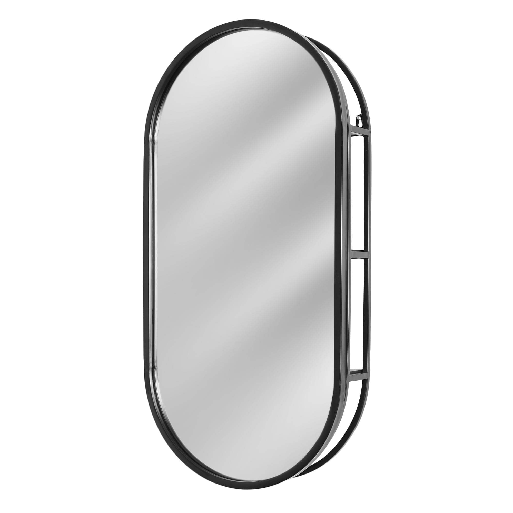 Black Metal Framed Oval Vanity Wall Mirror with Shelves - 15" x 30"