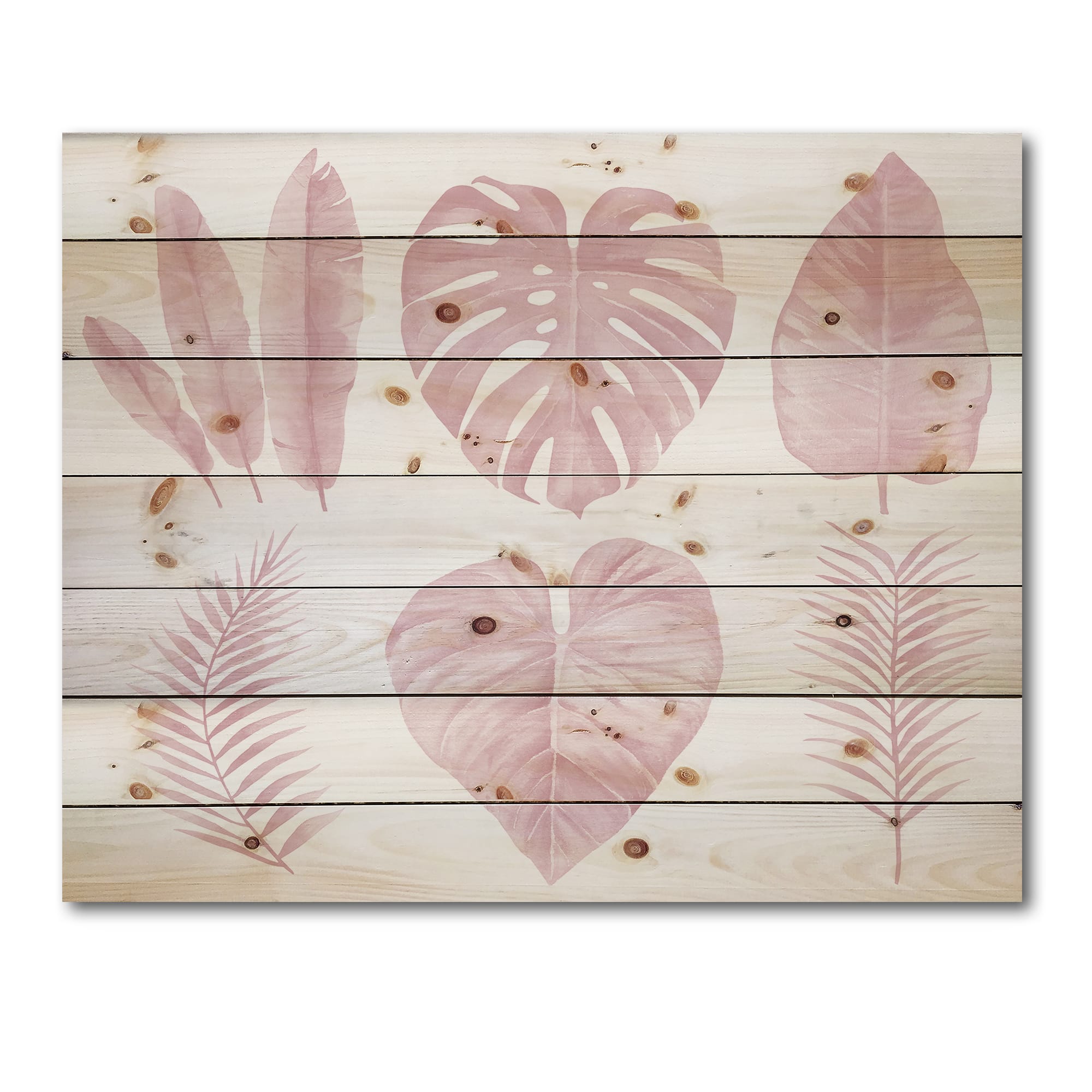 Designart - Tropical Pink Watercolour Leaves I - Shabby Chic Print on Natural Pine Wood